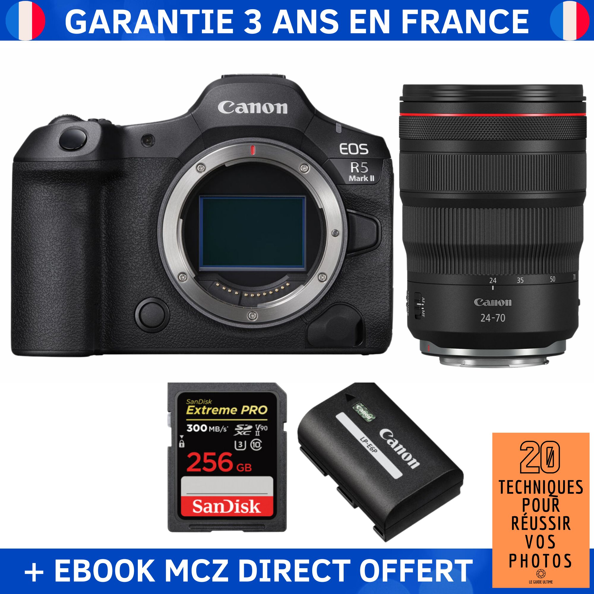 Canon EOS R5 Mark II + RF 24-70mm f/2.8 L IS USM Lens + 1 SanDisk 256GB Extreme PRO UHS-II SDXC Card + 1 Canon LP-E6P Battery + '20 Techniques for Successful Photos' Ebook - Hybrid Camera
