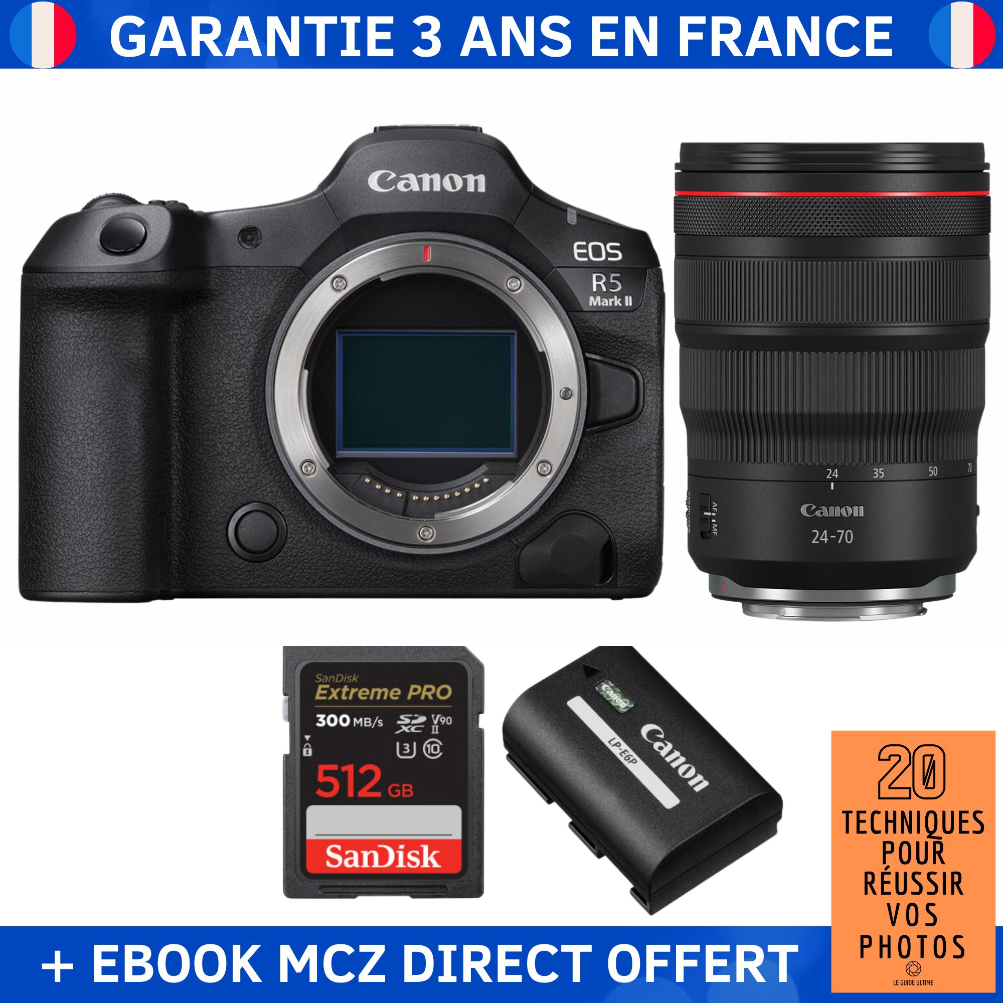 Canon EOS R5 Mark II + RF 24-70mm f/2.8 L IS USM Lens + 1 SanDisk 512GB Extreme PRO UHS-II SDXC Card + 1 Canon LP-E6P Battery + '20 Techniques for Successful Photos' Ebook - Hybrid Camera