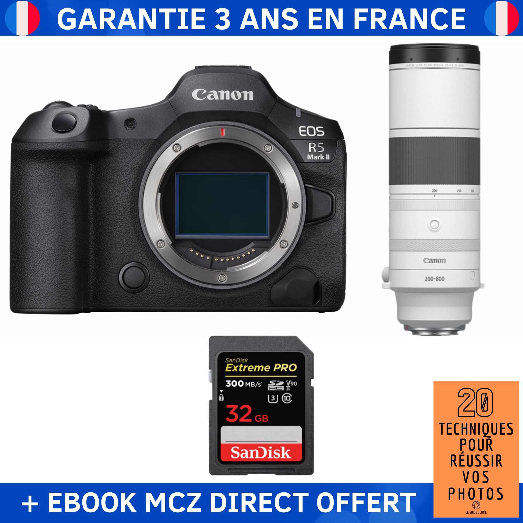 Canon EOS R5 Mark II + RF 200-800mm f/6.3-9 IS USM Lens + 1 SanDisk 32GB Extreme PRO UHS-II SDXC Card + '20 Techniques for Successful Photos' Ebook - Hybrid Camera