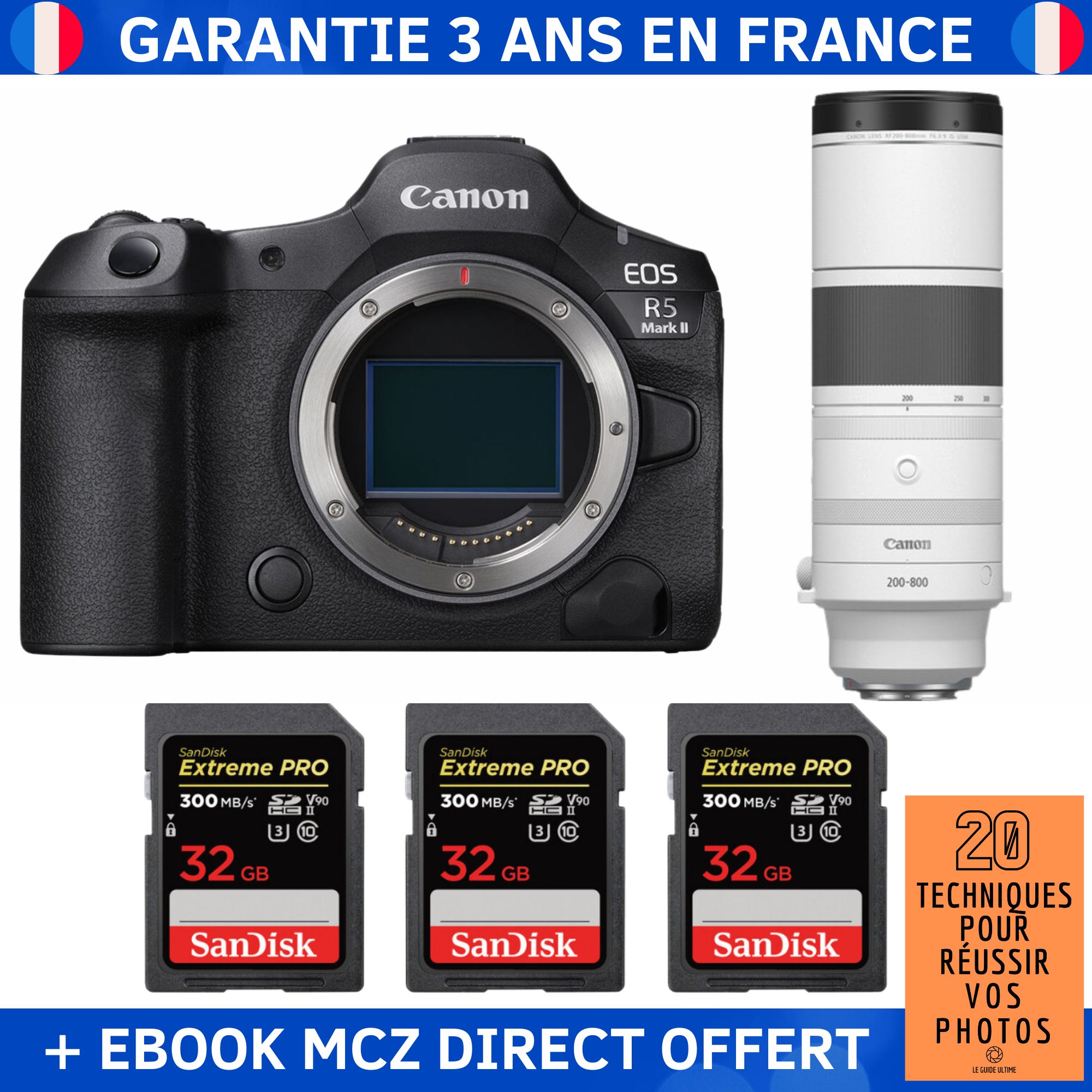 Canon EOS R5 Mark II + RF 200-800mm f/6.3-9 IS USM + 3 SanDisk 32GB Extreme PRO UHS-II SDXC 300MB/s + Ebook '20 Techniques pour Réussir vos Photos' - Hybrid Camera