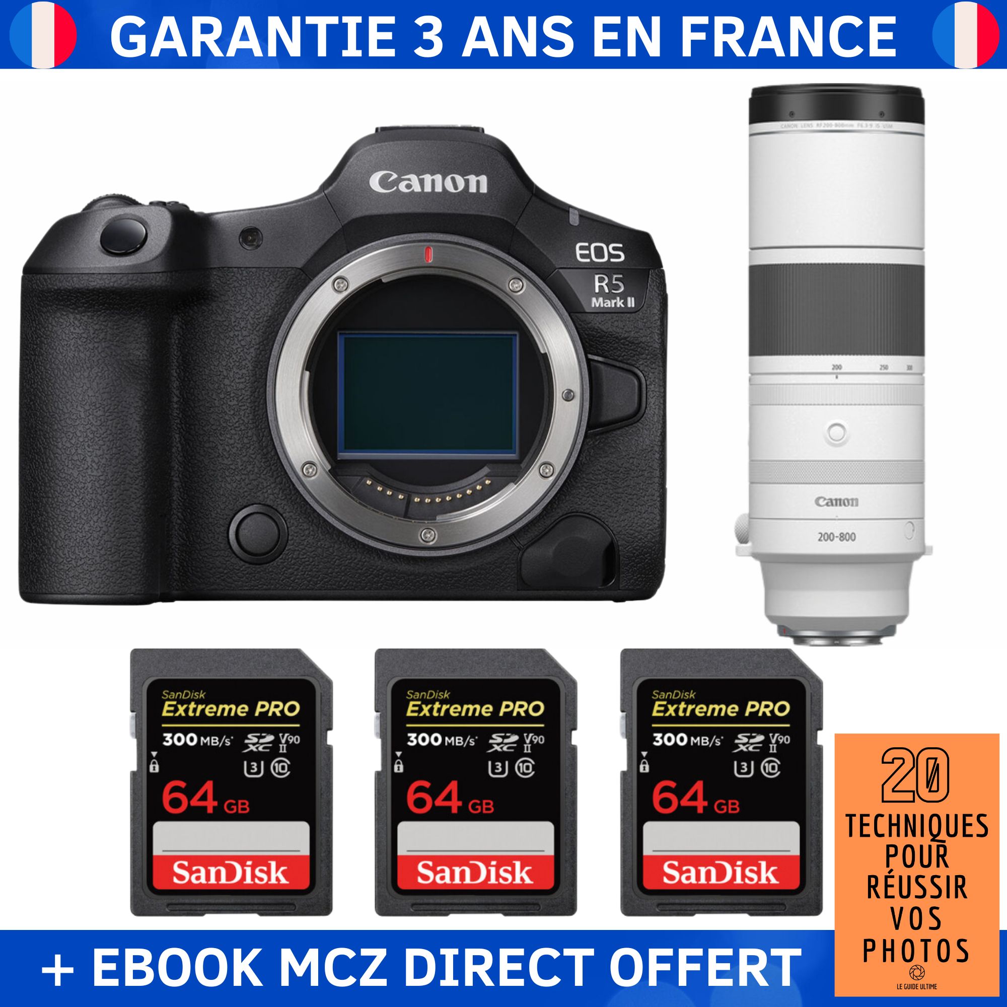 Canon EOS R5 Mark II + RF 200-800mm f/6.3-9 IS USM + 3 SanDisk 64GB Extreme PRO UHS-II SDXC 300 MB/s + Ebook '20 Techniques pour Réussir vos Photos' - Hybrid Camera