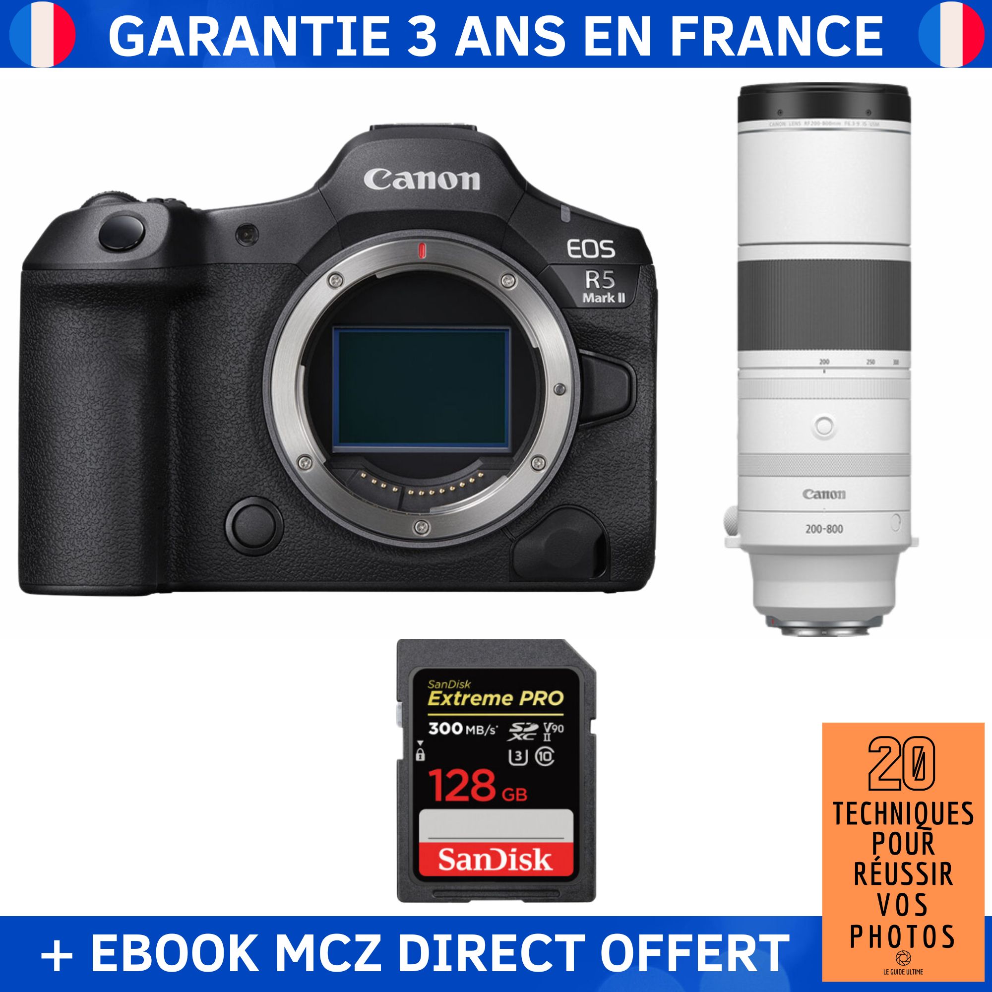 Canon EOS R5 Mark II + RF 200-800mm f/6.3-9 IS USM + 1 SanDisk 128GB Extreme PRO UHS-II SDXC 300 MB/s + Ebook '20 Techniques pour Réussir vos Photos' - Hybrid Camera