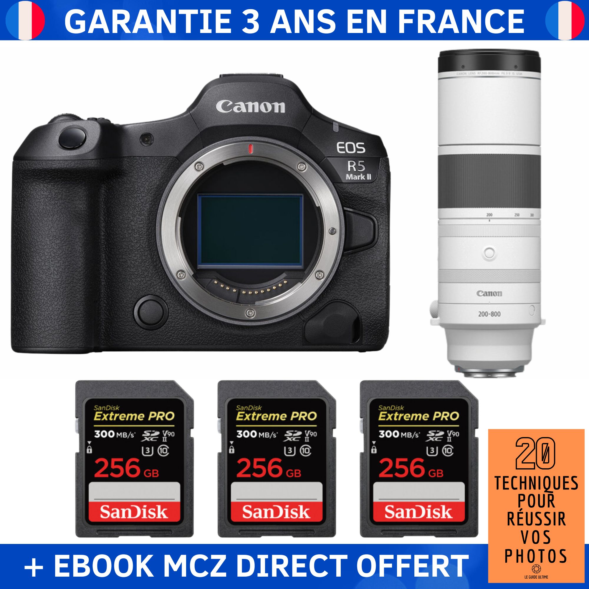 Canon EOS R5 Mark II + RF 200-800mm f/6.3-9 IS USM + 3 SanDisk 256GB Extreme PRO UHS-II SDXC 300MB/s + Ebook '20 Techniques pour Réussir vos Photos' - Hybrid Camera
