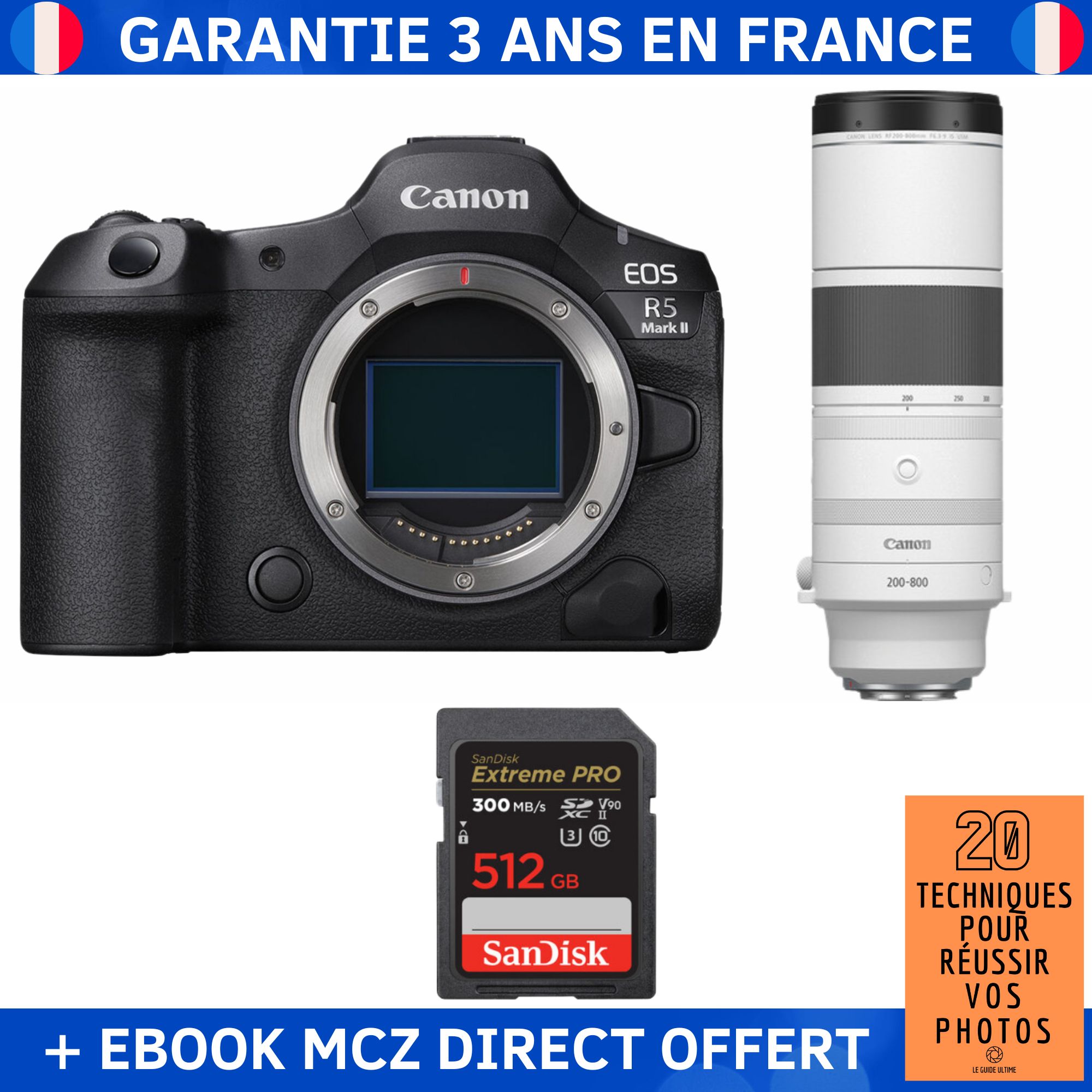 Canon EOS R5 Mark II + RF 200-800mm f/6.3-9 IS USM + 1 SanDisk 512GB Extreme PRO UHS-II SDXC 300MB/s + Ebook '20 Techniques pour Réussir vos Photos' - Hybrid Camera