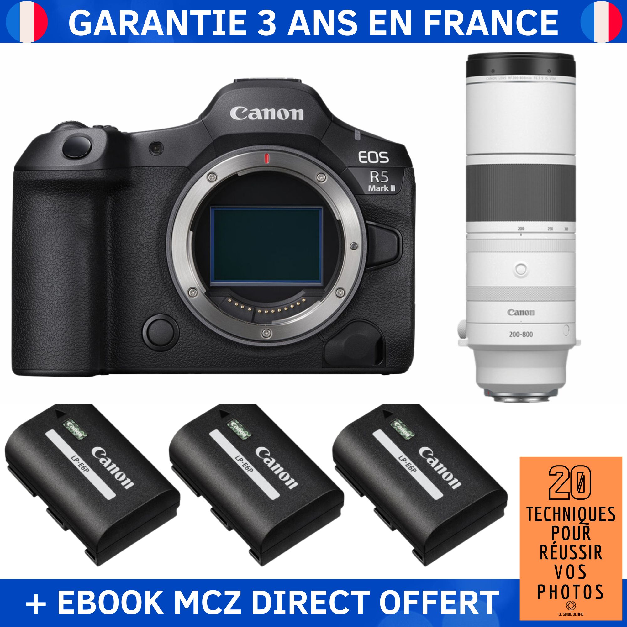 Canon EOS R5 Mark II + RF 200-800mm f/6.3-9 IS USM + 3 Canon LP-E6P + Ebook '20 Techniques pour Réussir vos Photos' - Hybrid Camera