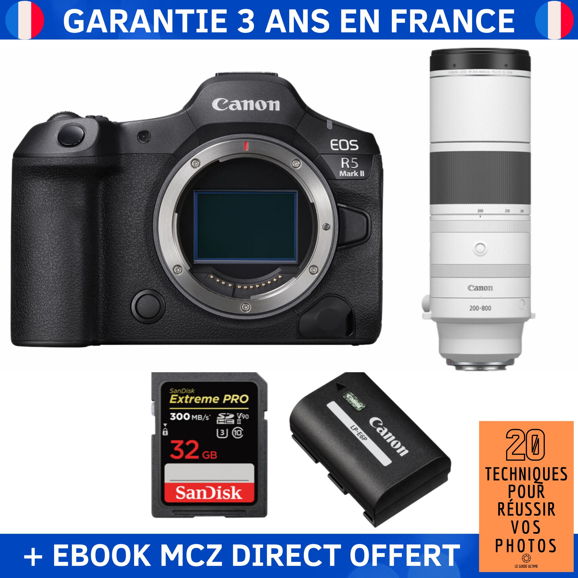 Canon EOS R5 Mark II + RF 200-800mm f/6.3-9 IS USM Lens + 1 SanDisk 32GB Extreme PRO UHS-II SDXC Card + 1 Canon LP-E6P Battery + '20 Techniques for Succeeding in Photography' Ebook - Hybrid Camera