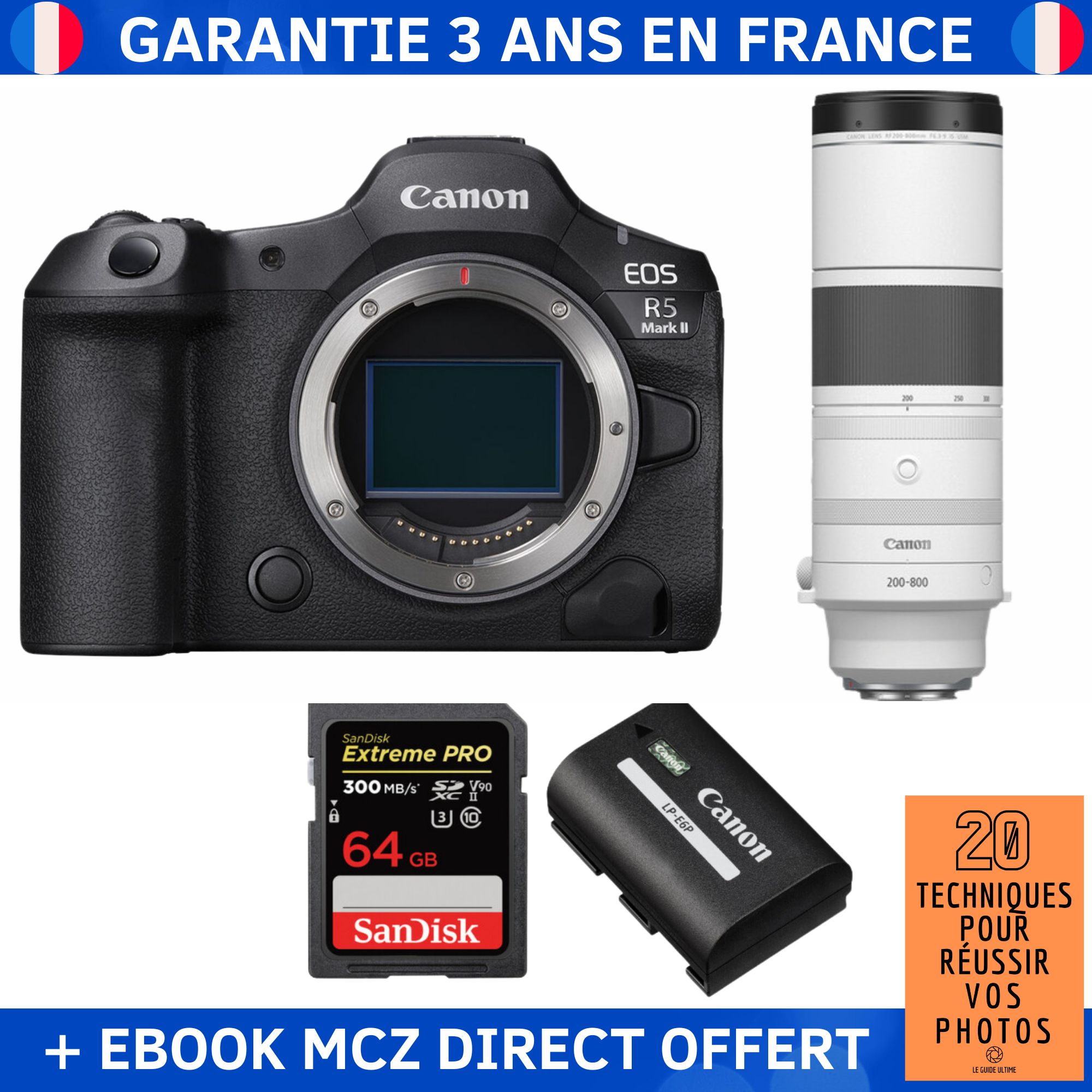 Canon EOS R5 Mark II + RF 200-800mm f/6.3-9 IS USM + 1 SanDisk 64GB Extreme PRO UHS-II SDXC 300MB/s + 1 Canon LP-E6P + Ebook '20 Techniques pour Réussir vos Photos' - Hybrid Camera