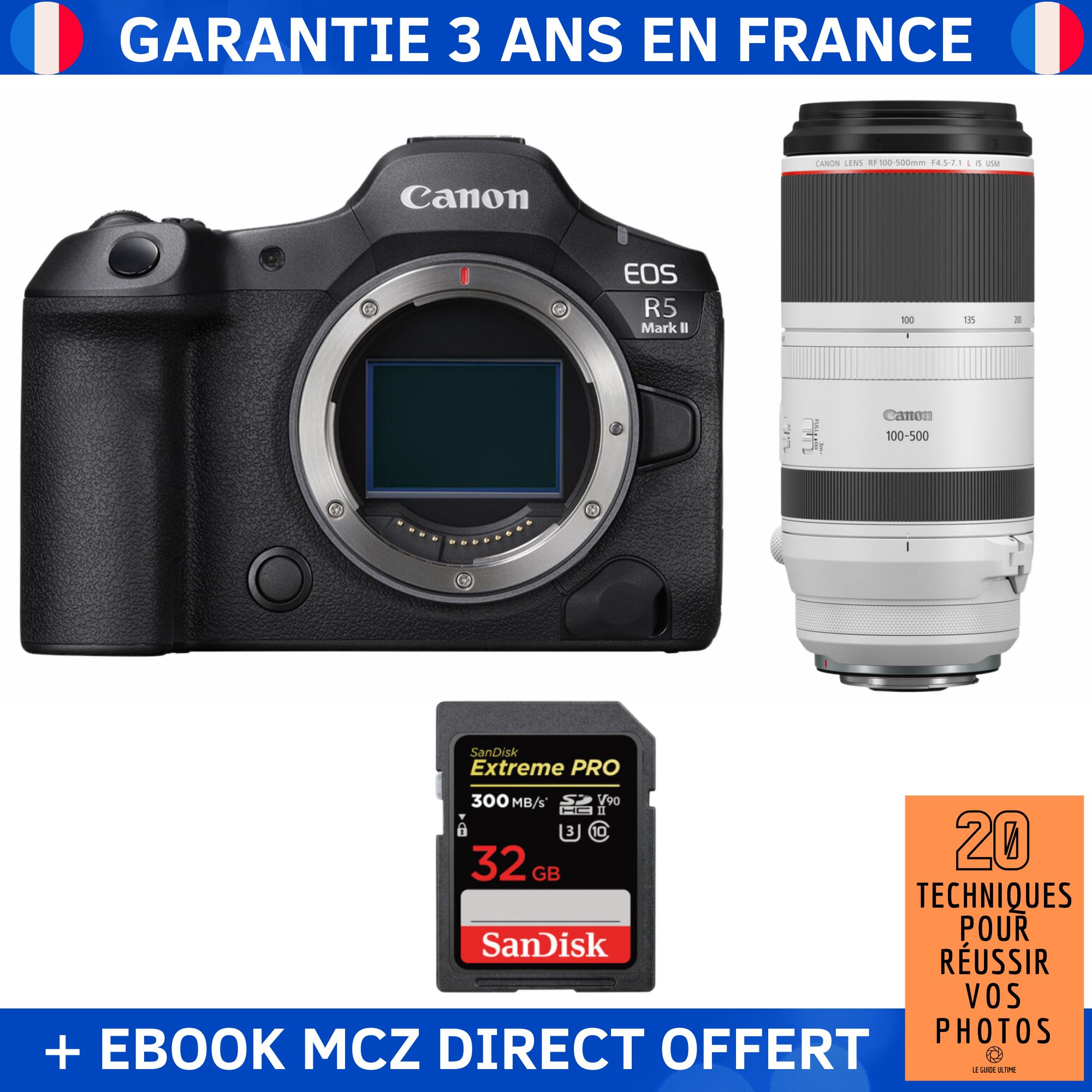 Canon EOS R5 Mark II + RF 100-500mm f/4.5-7.1 L IS USM + 1 SanDisk 32GB Extreme PRO UHS-II SDXC 300 MB/s + Ebook '20 Techniques pour Réussir vos Photos' - Hybrid Camera