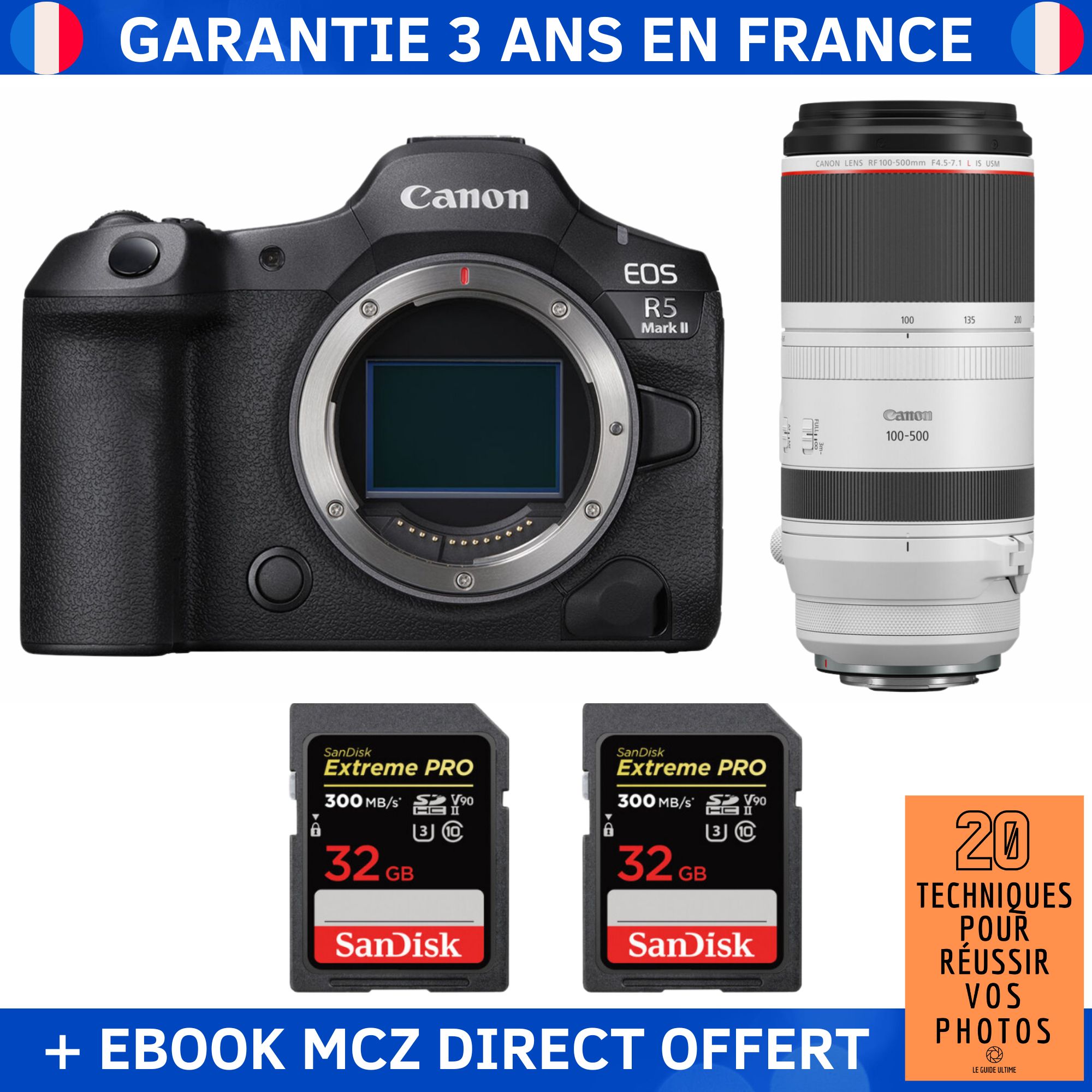 Canon EOS R5 Mark II + RF 100-500mm f/4.5-7.1 L IS USM + 2 SanDisk 32GB Extreme PRO UHS-II SDXC 300 MB/s + Ebook '20 Techniques pour Réussir vos Photos' - Hybrid Camera