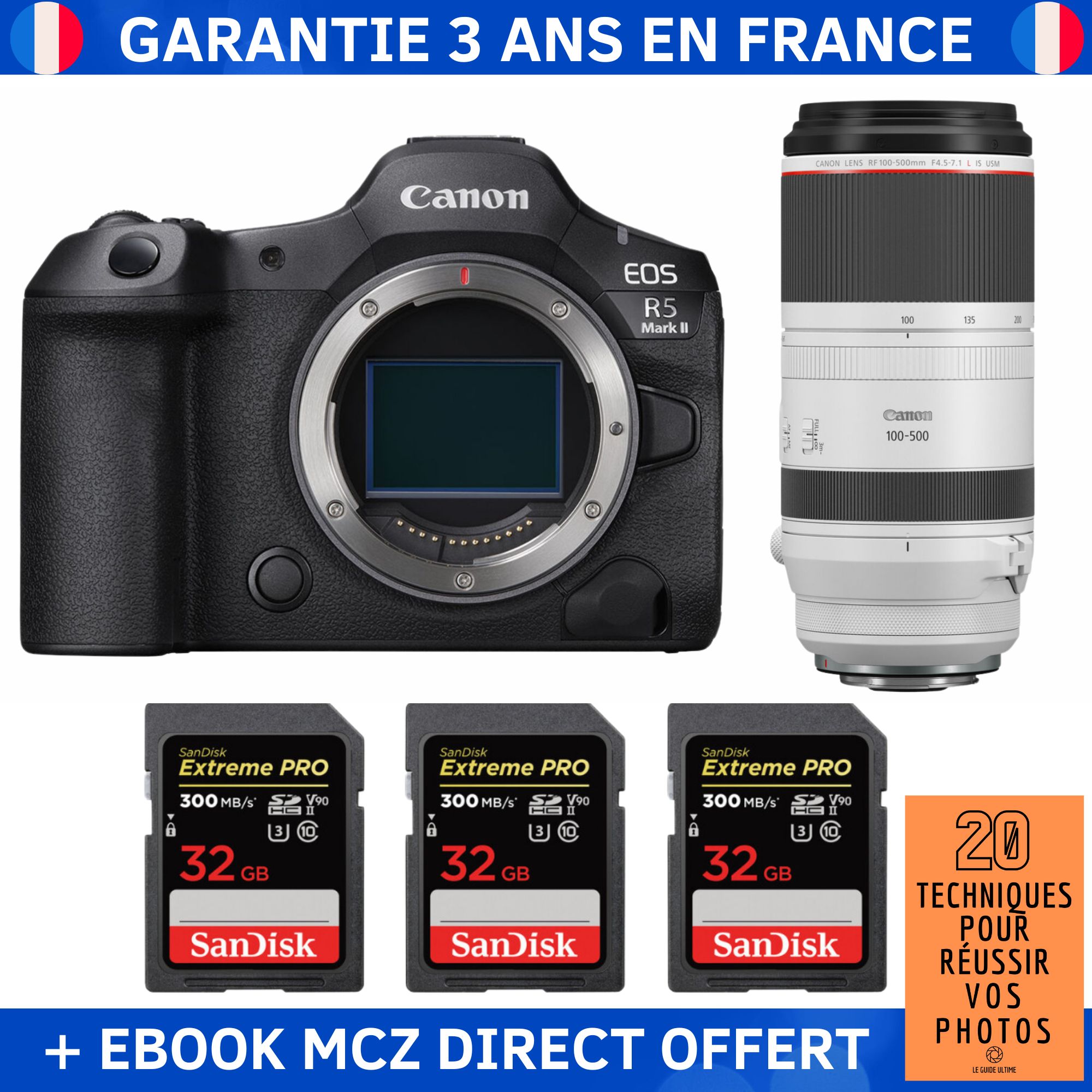 Canon EOS R5 Mark II + RF 100-500mm f/4.5-7.1 L IS USM + 3 SanDisk 32GB Extreme PRO UHS-II SDXC 300MB/s + Ebook '20 Techniques pour Réussir vos Photos' - Hybrid Camera Canon