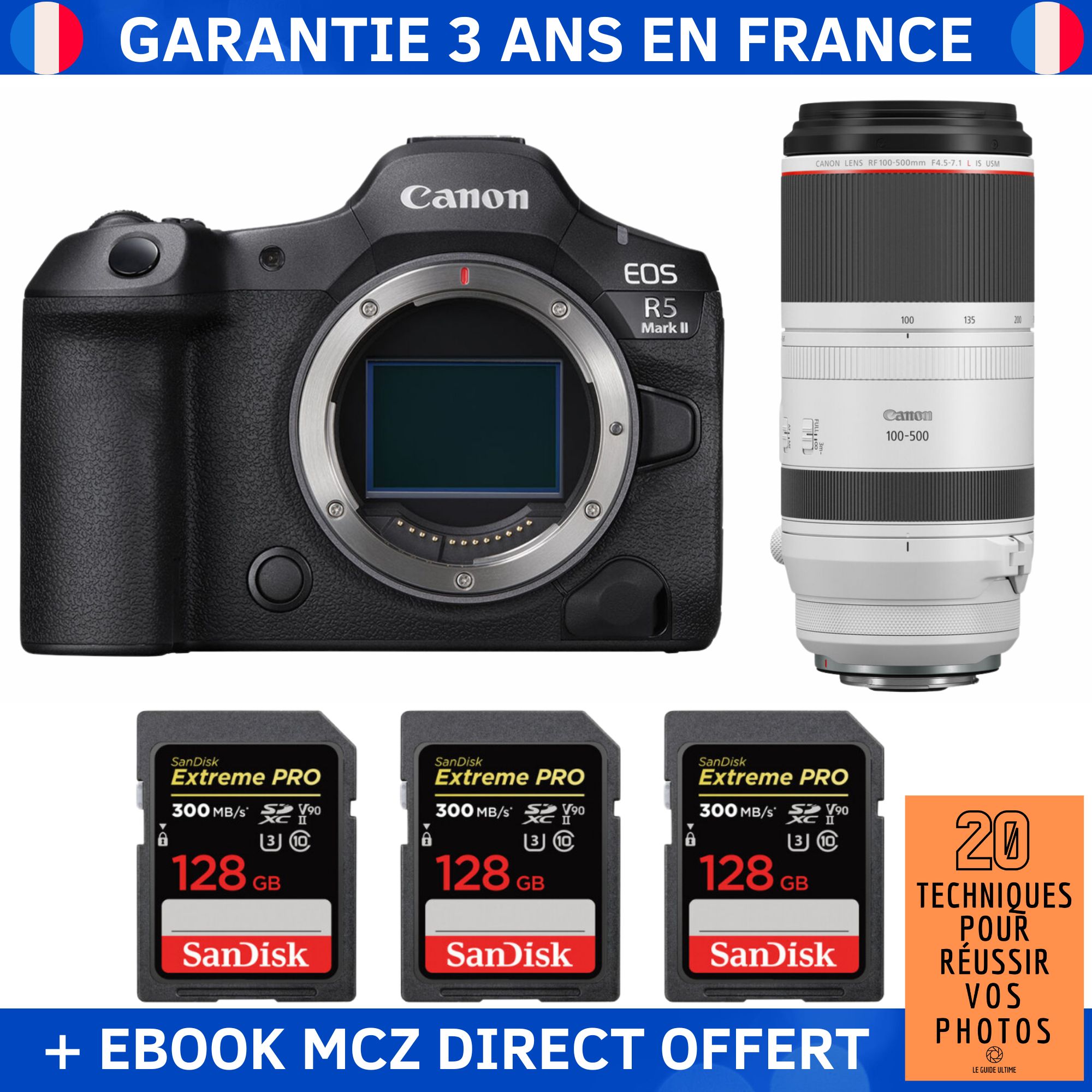 Canon EOS R5 Mark II + RF 100-500mm f/4.5-7.1 L IS USM + 3 SanDisk 128GB Extreme PRO UHS-II SDXC 300 MB/s + Ebook '20 Techniques pour Réussir vos Photos' - Hybrid Camera Canon
