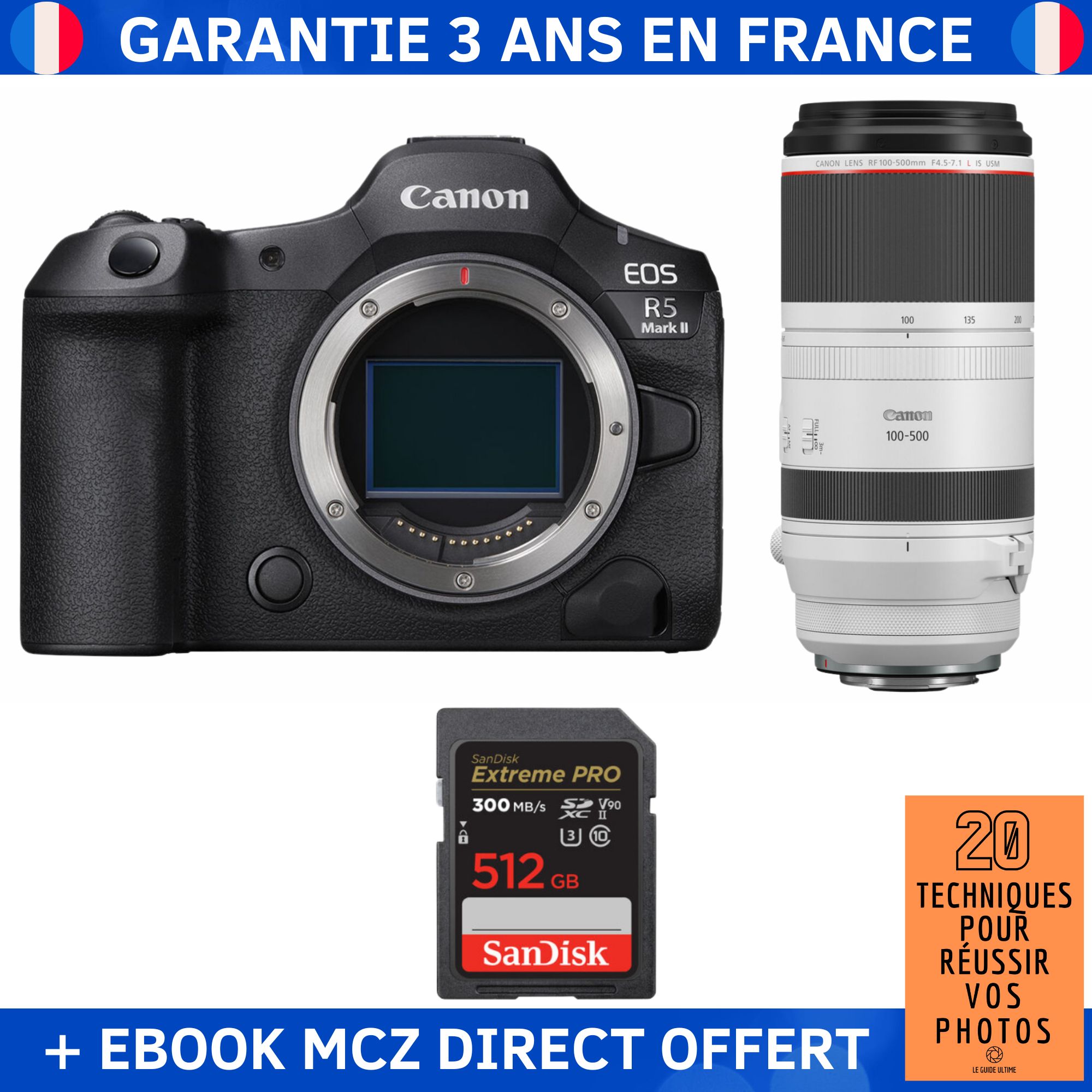 Canon EOS R5 Mark II + RF 100-500mm f/4.5-7.1 L IS USM + 1 SanDisk 512GB Extreme PRO UHS-II SDXC 300MB/s + Ebook '20 Techniques pour Réussir vos Photos' - Hybrid Camera