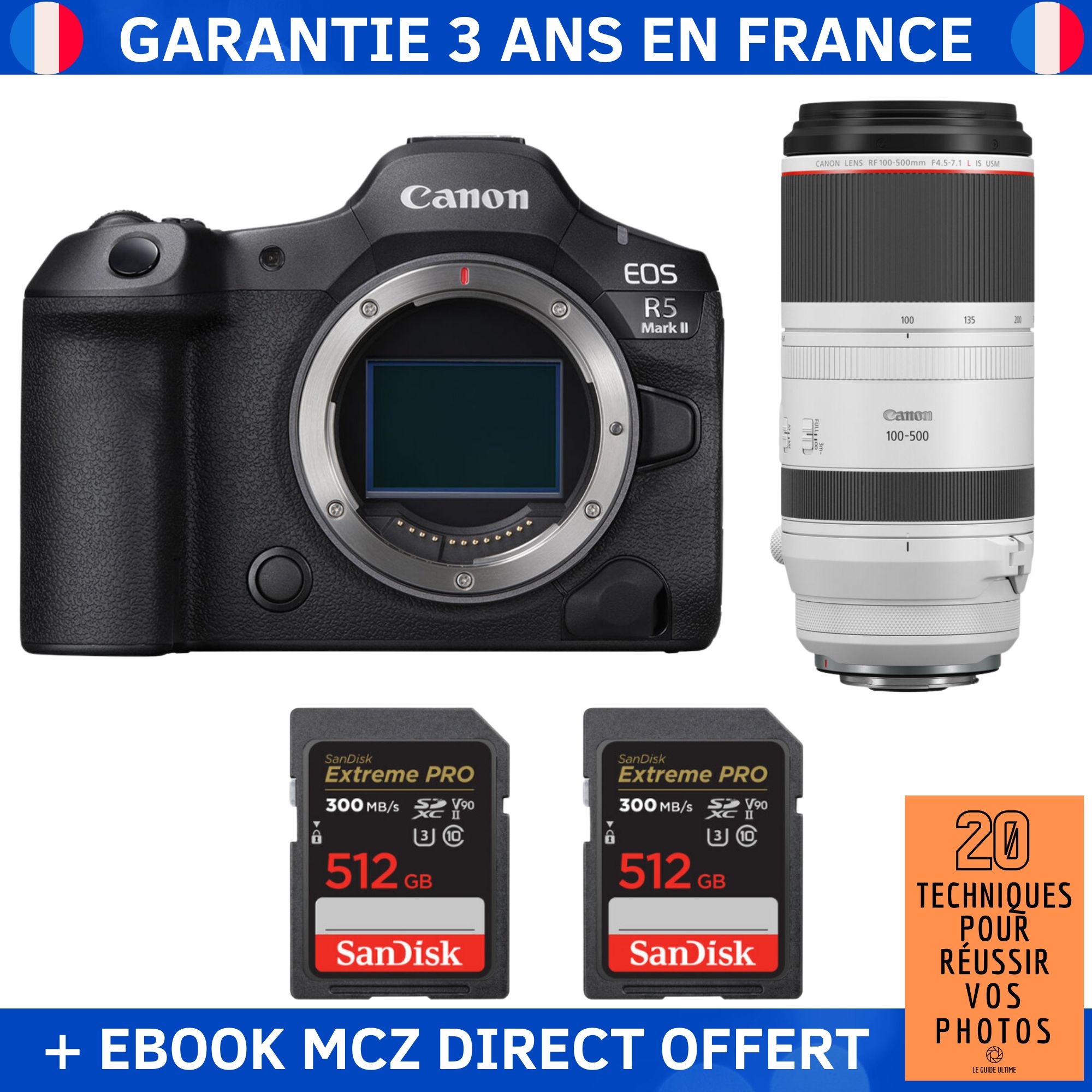 Canon EOS R5 Mark II + RF 100-500mm f/4.5-7.1 L IS USM + 2 SanDisk 512GB Extreme PRO UHS-II SDXC 300MB/s + Ebook '20 Techniques pour Réussir vos Photos' - Hybrid Camera