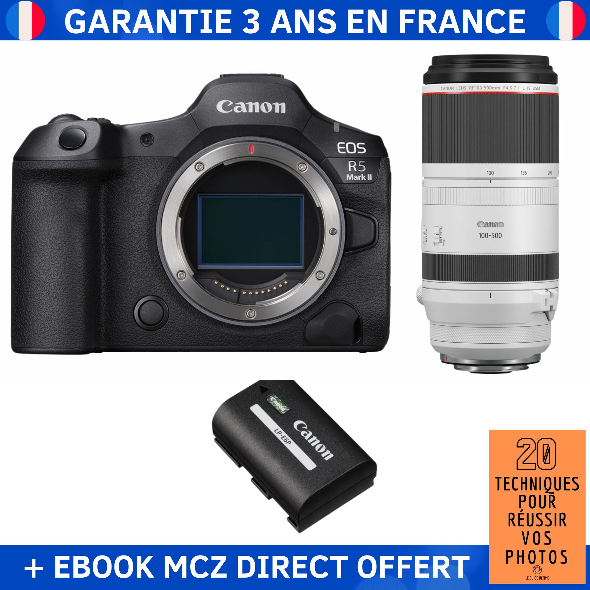 Canon EOS R5 Mark II + RF 100-500mm f/4.5-7.1 L IS USM + 1 Canon LP-E6P + Ebook '20 Techniques pour Réussir vos Photos' - Hybrid Camera