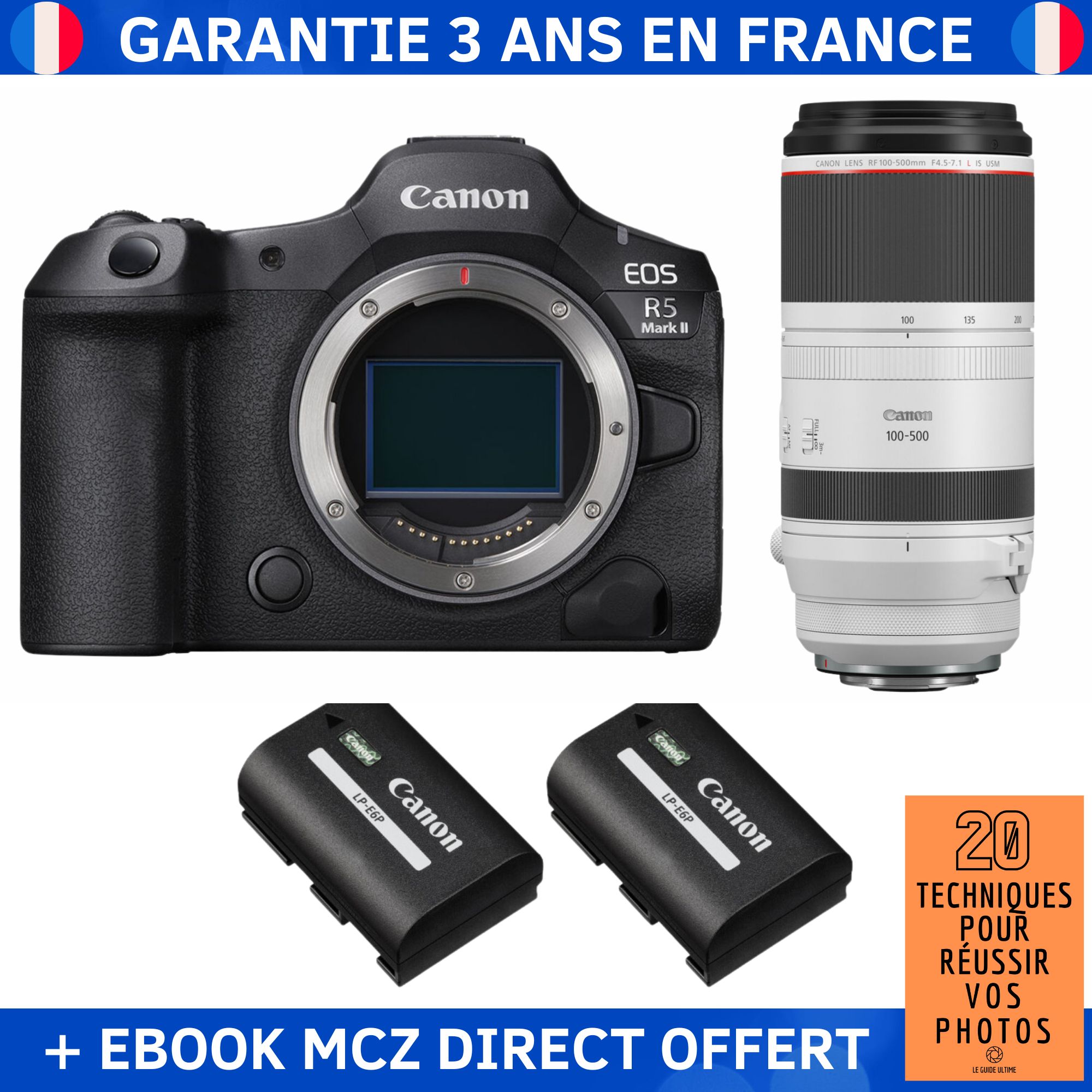 Canon EOS R5 Mark II + RF 100-500mm f/4.5-7.1 L IS USM + 2 Canon LP-E6P + Ebook '20 Techniques pour Réussir vos Photos' - Hybrid Camera