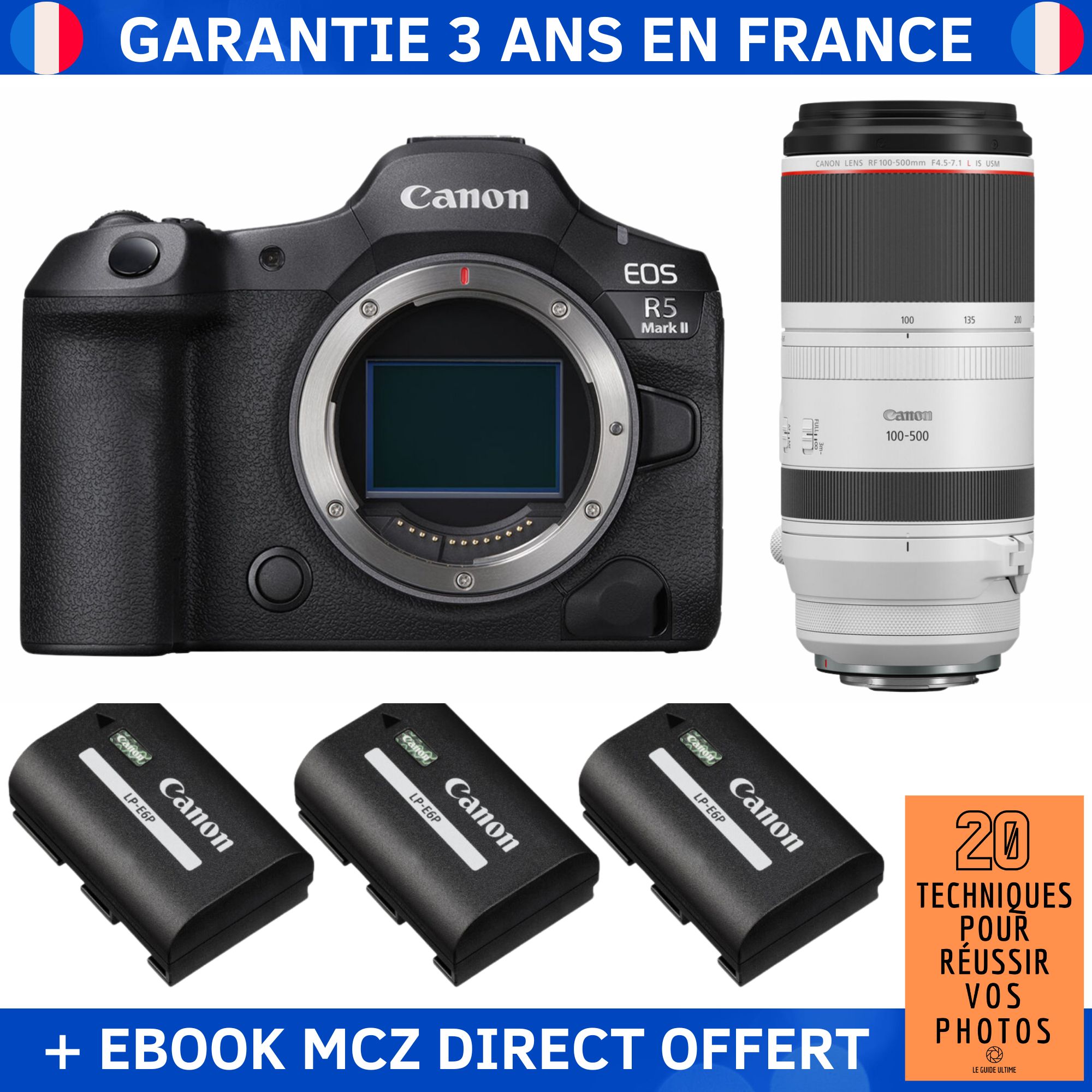 Canon EOS R5 Mark II + RF 100-500mm f/4.5-7.1 L IS USM + 3 Canon LP-E6P + Ebook '20 Techniques pour Réussir vos Photos' - Hybrid Camera