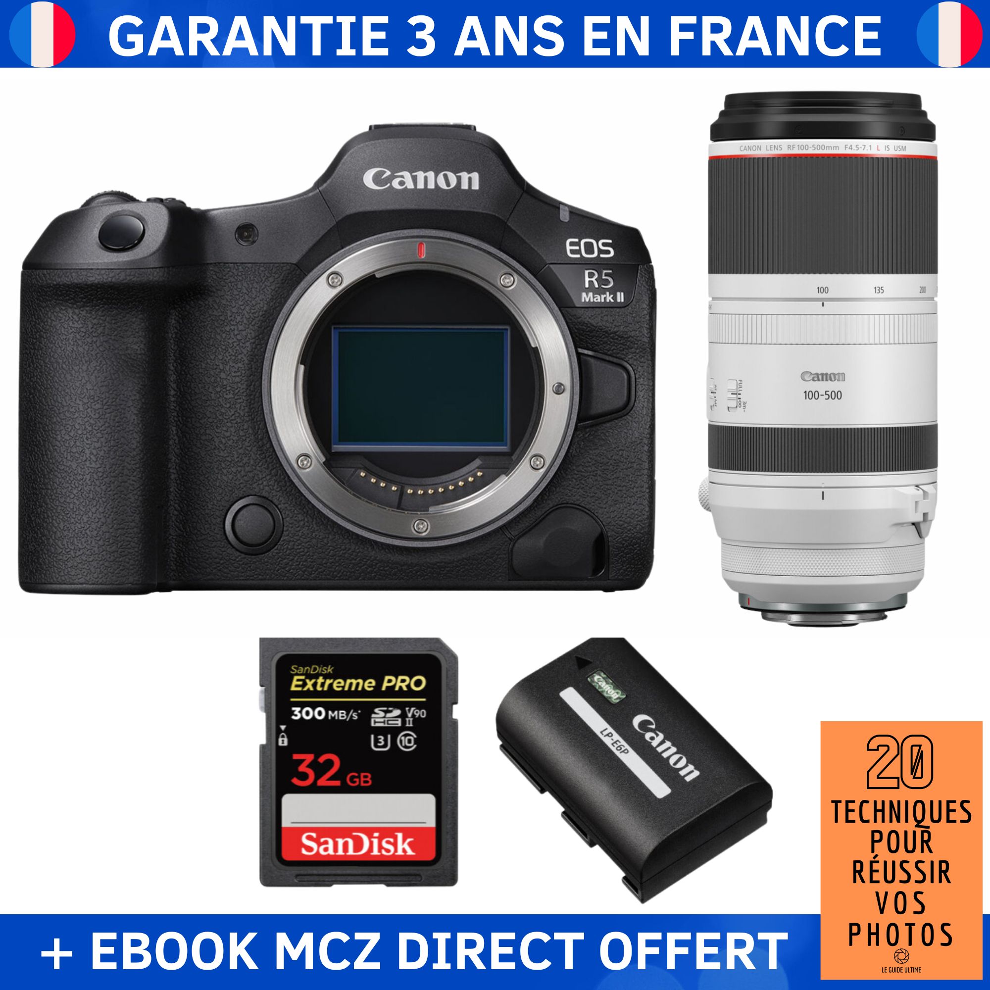 Canon EOS R5 Mark II + RF 100-500mm f/4.5-7.1 L IS USM + 1 SanDisk 32GB Extreme PRO UHS-II SDXC 300 MB/s + 1 Canon LP-E6P + Ebook '20 Techniques pour Réussir vos Photos' - Hybrid Camera