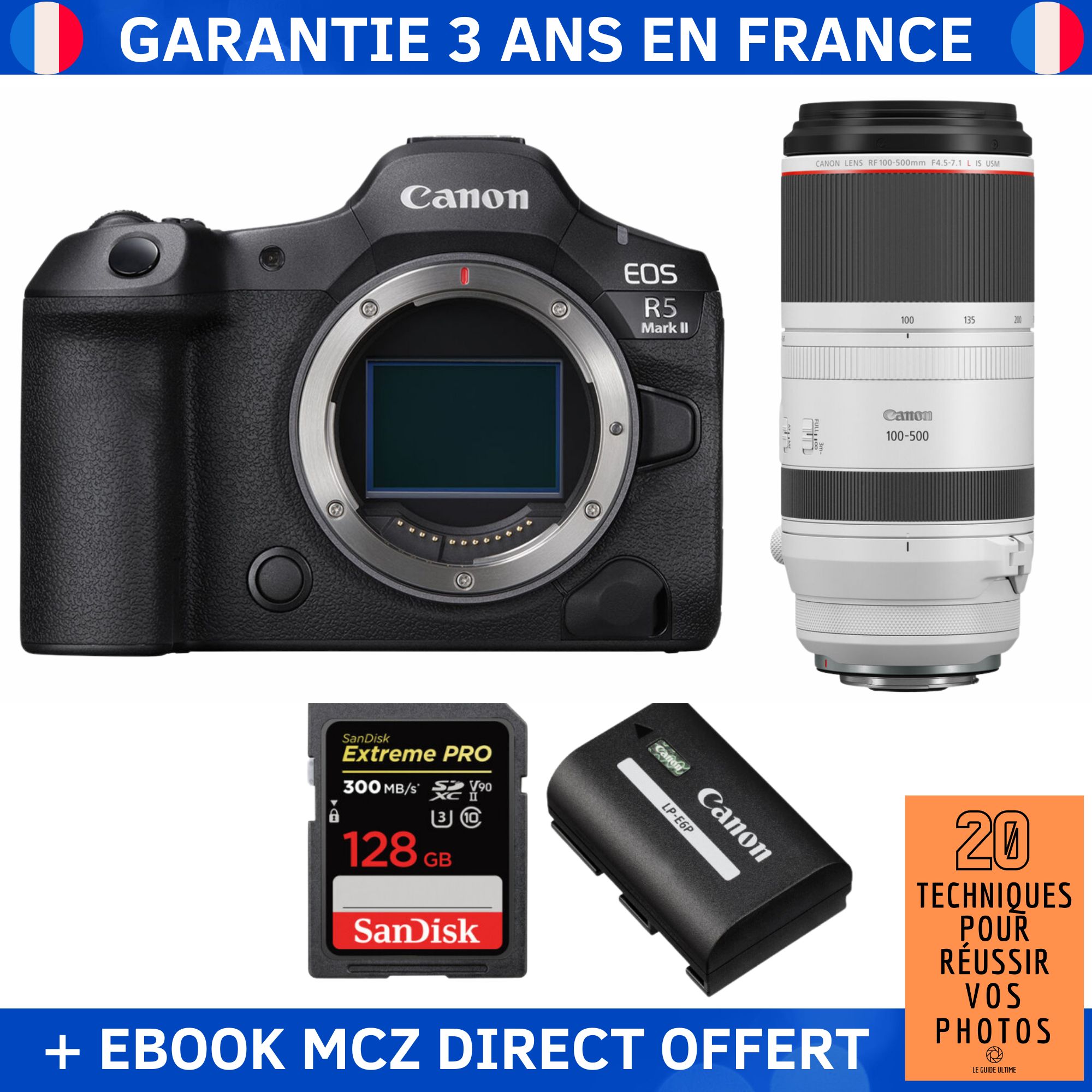 Canon EOS R5 Mark II + RF 100-500mm f/4.5-7.1 L IS USM + 1 SanDisk 128GB Extreme PRO UHS-II SDXC 300 MB/s + 1 Canon LP-E6P + Ebook '20 Techniques pour Réussir vos Photos' - Hybrid Camera