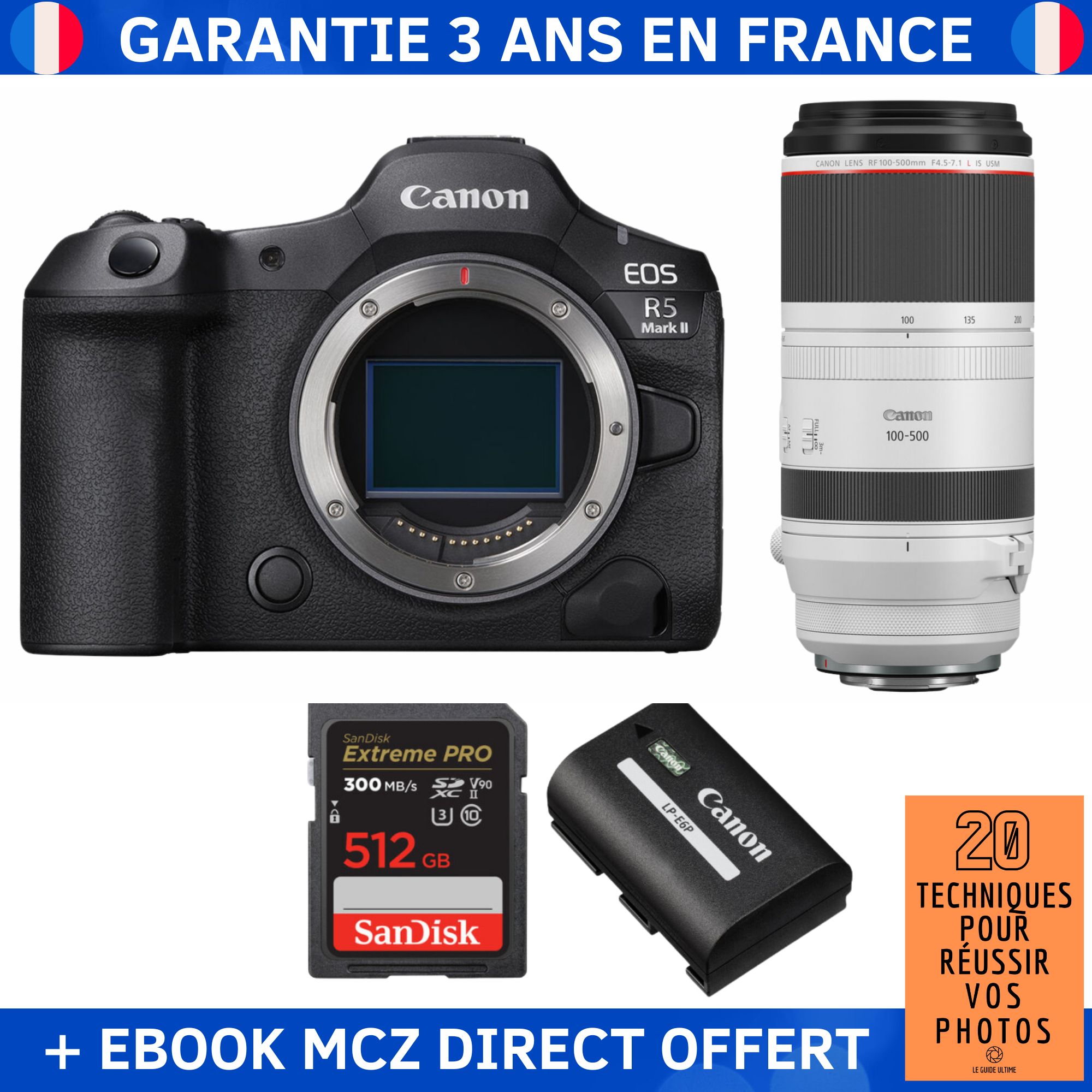 Canon EOS R5 Mark II + RF 100-500mm f/4.5-7.1 L IS USM + 1 SanDisk 512GB Extreme PRO UHS-II SDXC 300MB/s + 1 Canon LP-E6P + Ebook '20 Techniques pour Réussir vos Photos' - Hybrid Camera