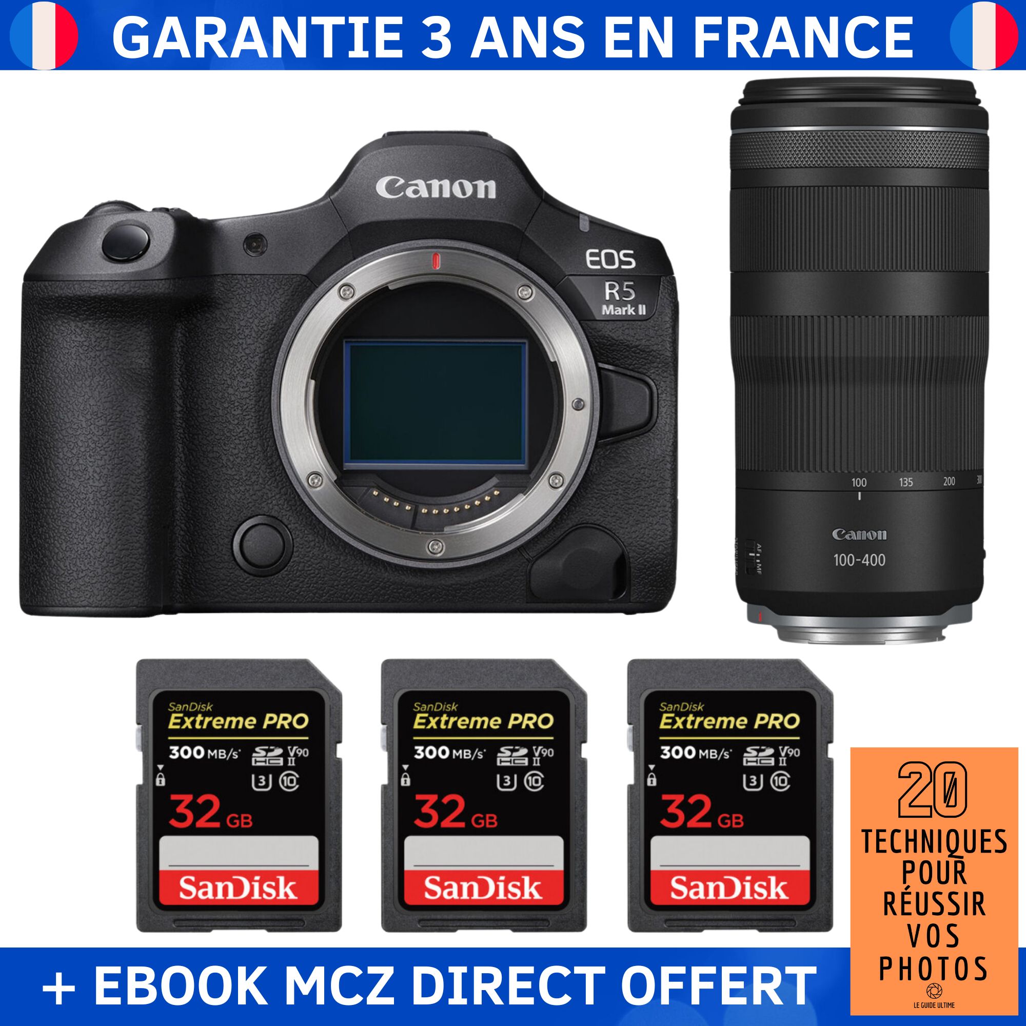 Canon EOS R5 Mark II + RF 100-400mm f/5.6-8 IS USM + 3 SanDisk 32GB Extreme PRO UHS-II SDXC 300 MB/s + Ebook '20 Techniques pour Réussir vos Photos' - Hybrid Camera