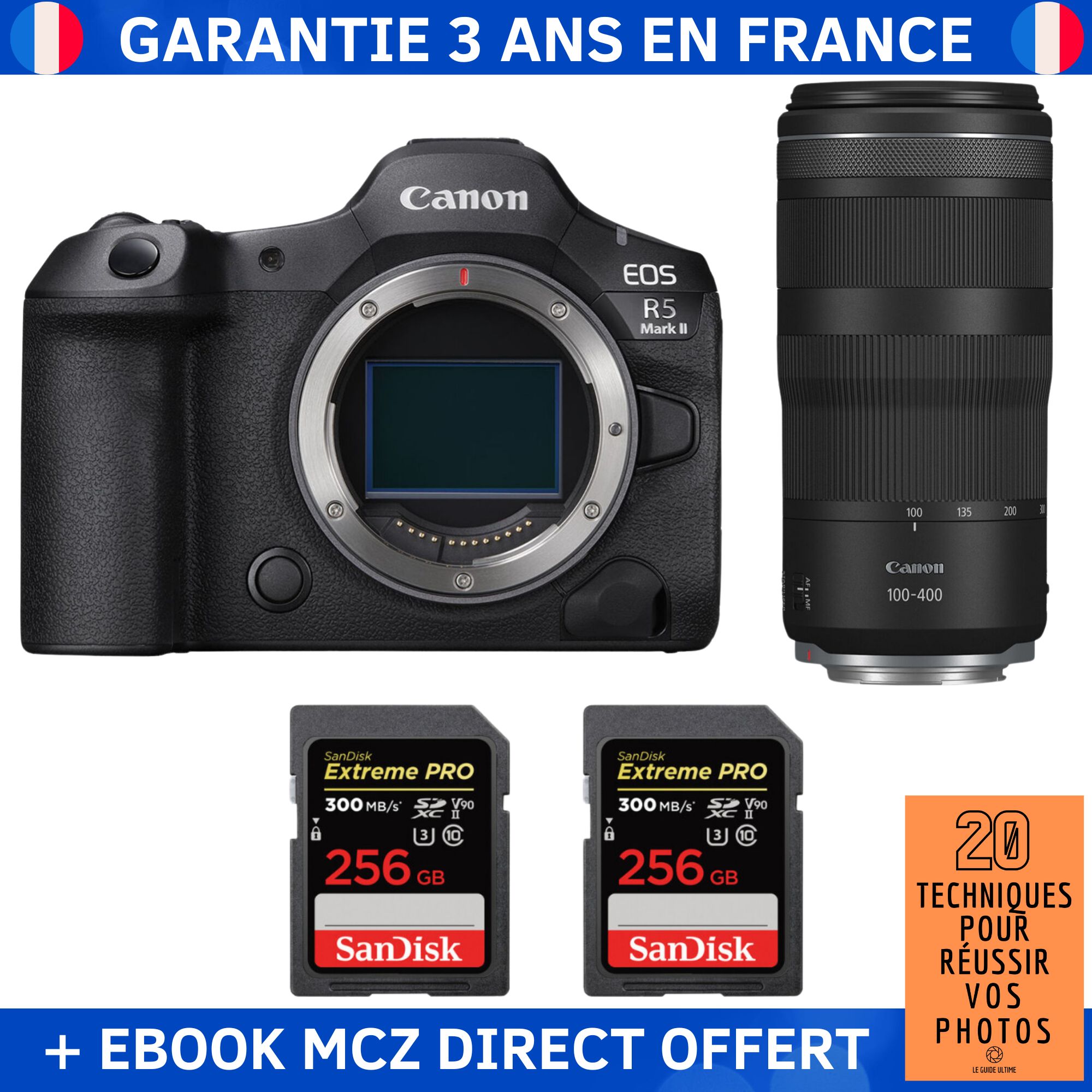 Canon EOS R5 Mark II + RF 100-400mm f/5.6-8 IS USM + 2 SanDisk 256GB Extreme PRO UHS-II SDXC 300 MB/s + Ebook '20 Techniques pour Réussir vos Photos' - Hybrid Camera
