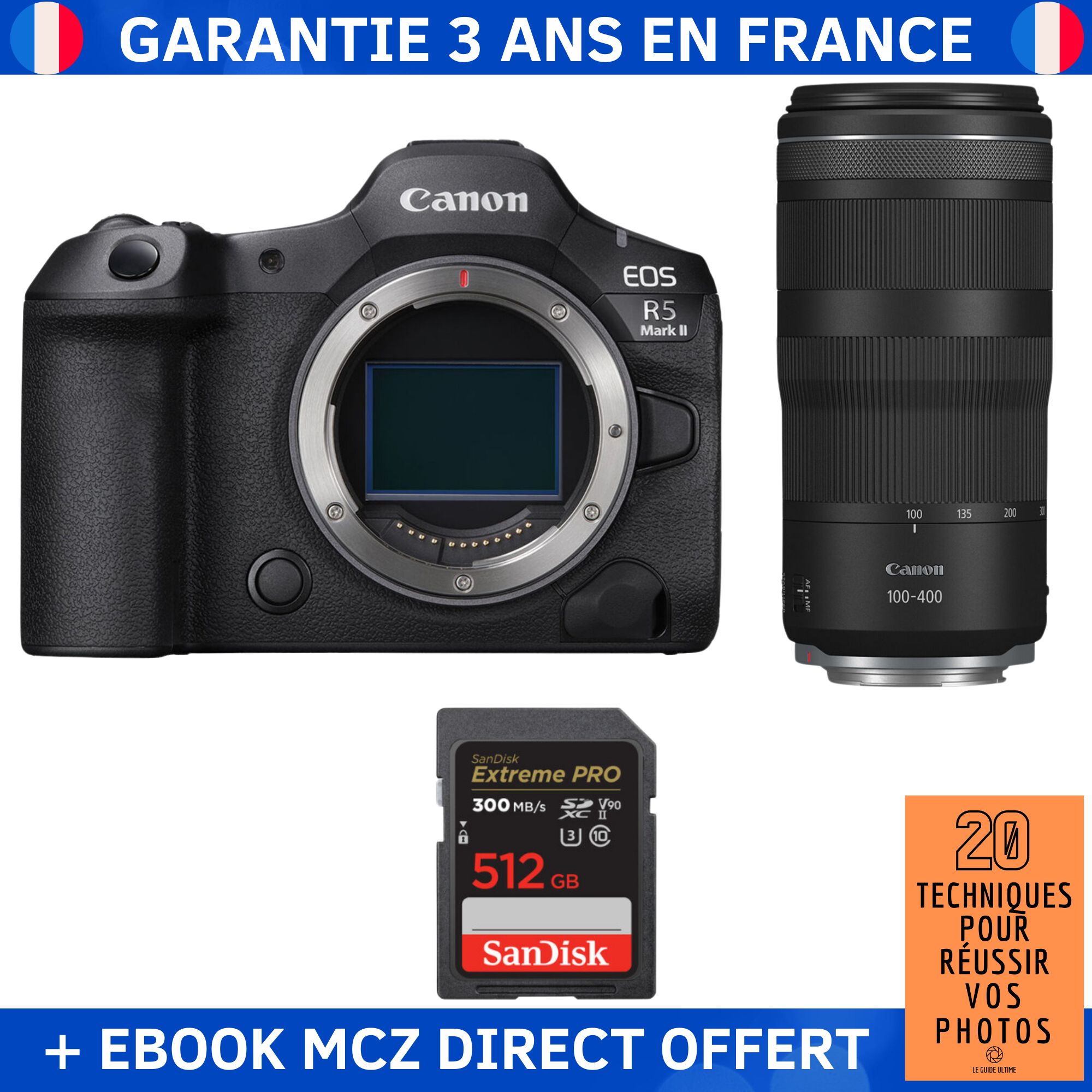 Canon EOS R5 Mark II + RF 100-400mm f/5.6-8 IS USM + 1 SanDisk 512GB Extreme PRO UHS-II SDXC 300MB/s + Ebook '20 Techniques pour Réussir vos Photos' - Hybrid Camera
