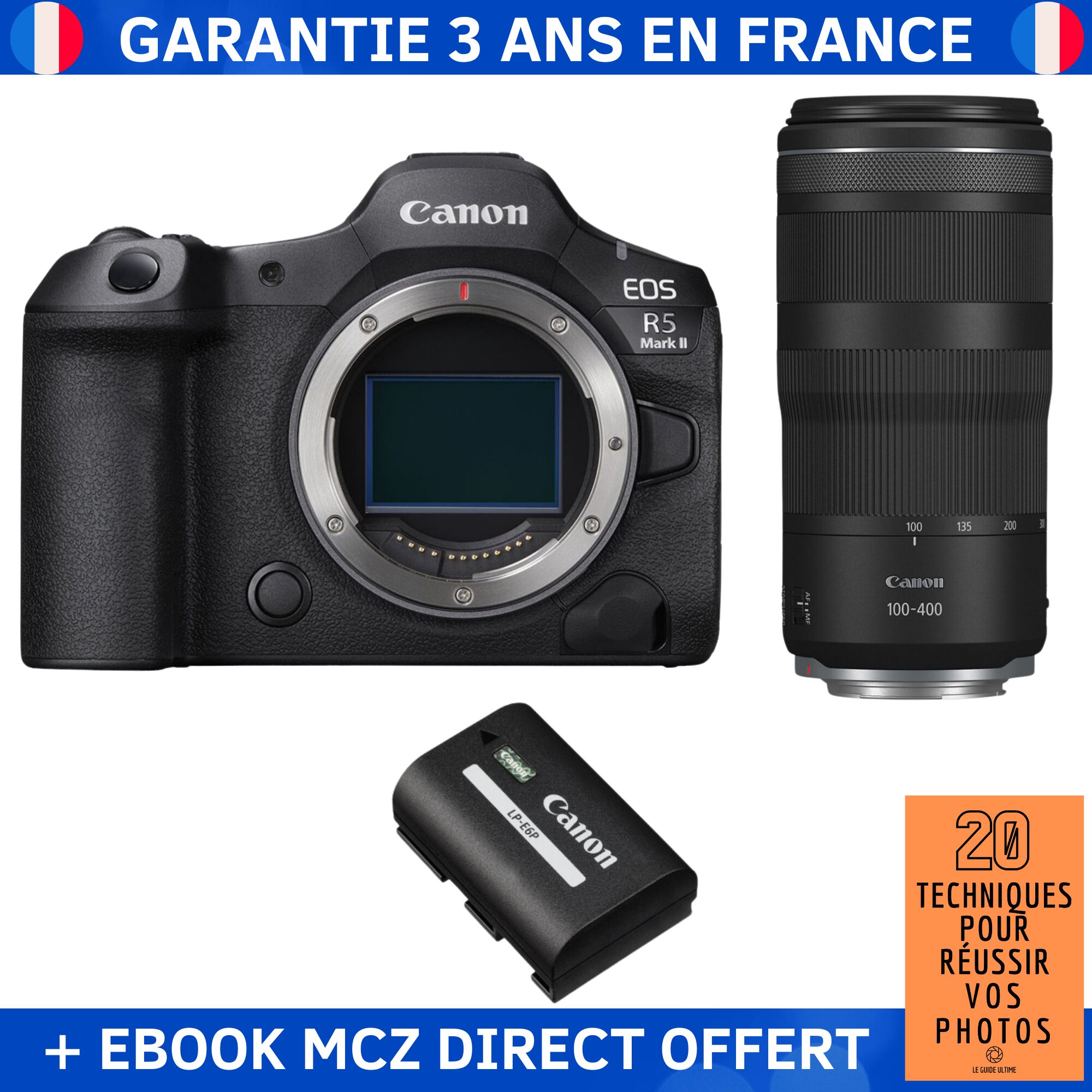 Canon EOS R5 Mark II + RF 100-400mm f/5.6-8 IS USM + 1 Canon LP-E6P + Ebook '20 Techniques pour Réussir vos Photos' - Hybrid Camera