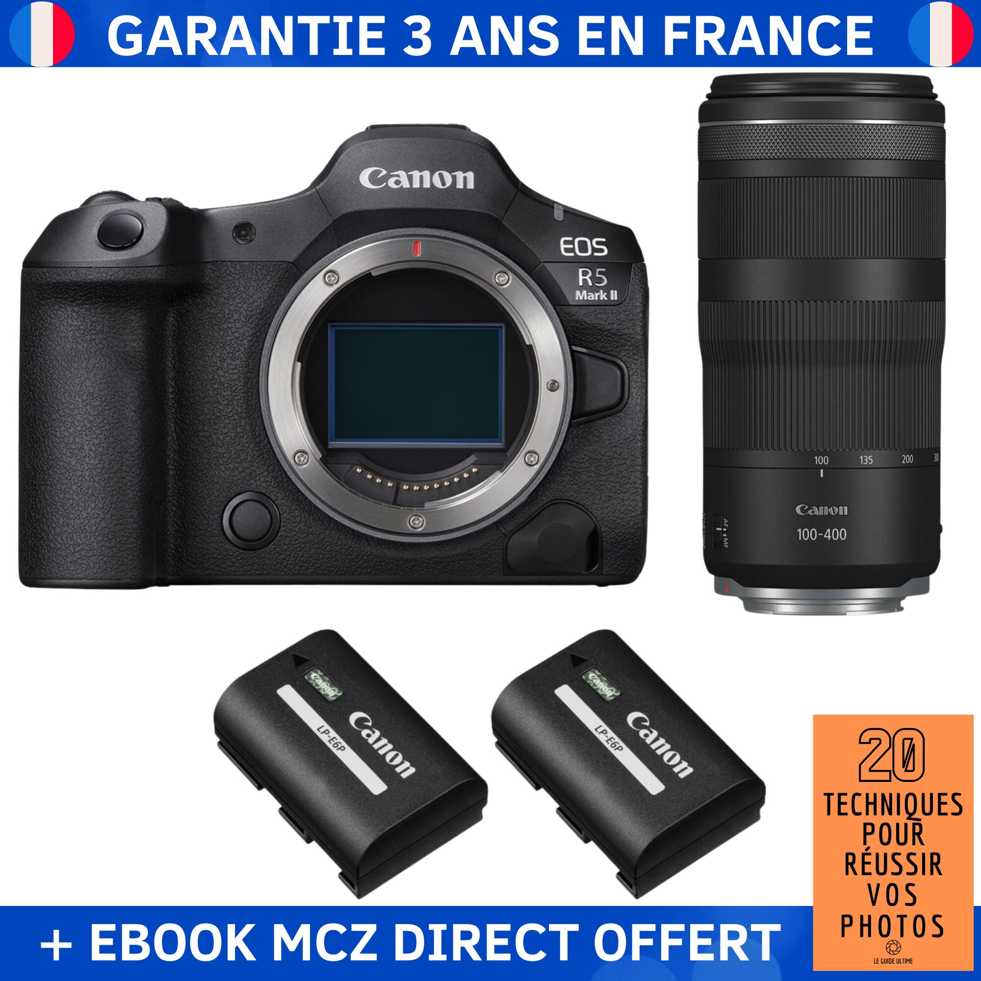 Canon EOS R5 Mark II + RF 100-400mm f/5.6-8 IS USM + 2 Canon LP-E6P + Ebook '20 Techniques pour Réussir vos Photos' - Hybrid Camera