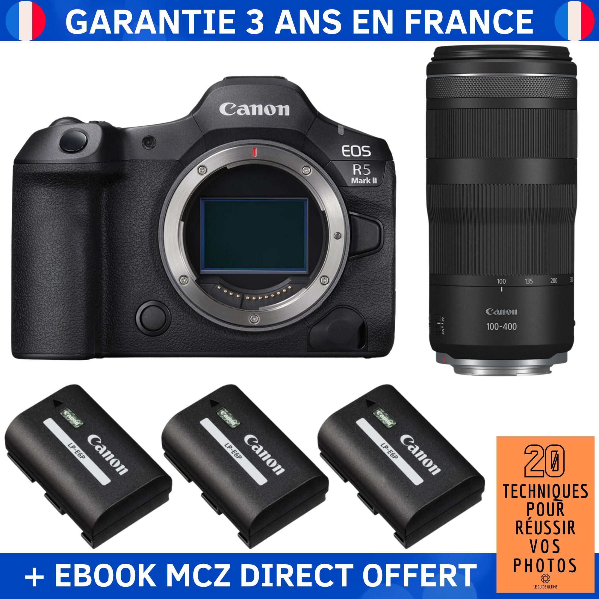 Canon EOS R5 Mark II + RF 100-400mm f/5.6-8 IS USM + 3 Canon LP-E6P + Ebook '20 Techniques pour Réussir vos Photos' - Hybrid Camera