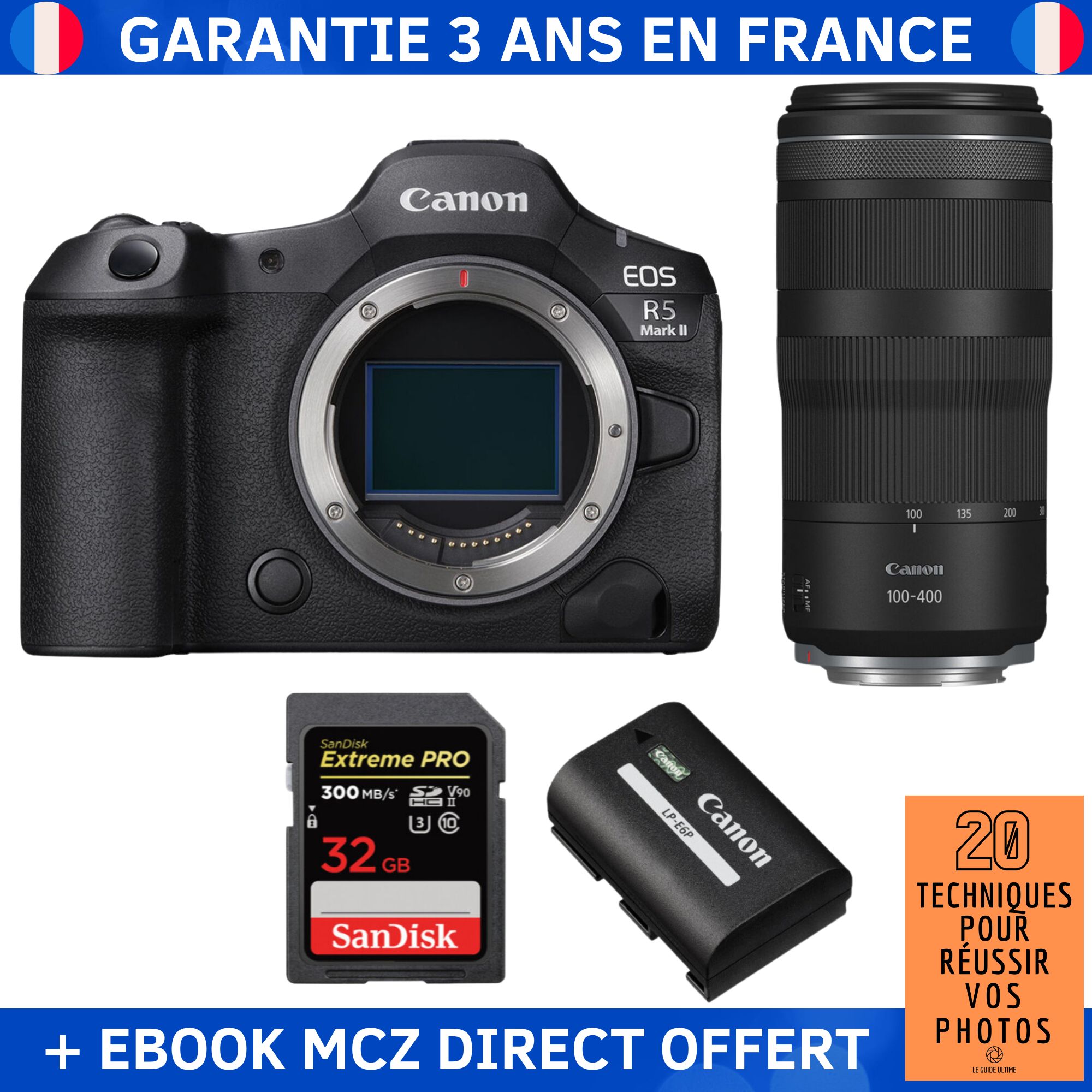 Canon EOS R5 Mark II + RF 100-400mm f/5.6-8 IS USM + 1 SanDisk 32GB Extreme PRO UHS-II SDXC 300 MB/s + 1 Canon LP-E6P + Ebook '20 Techniques pour Réussir vos Photos' - Hybrid Camera