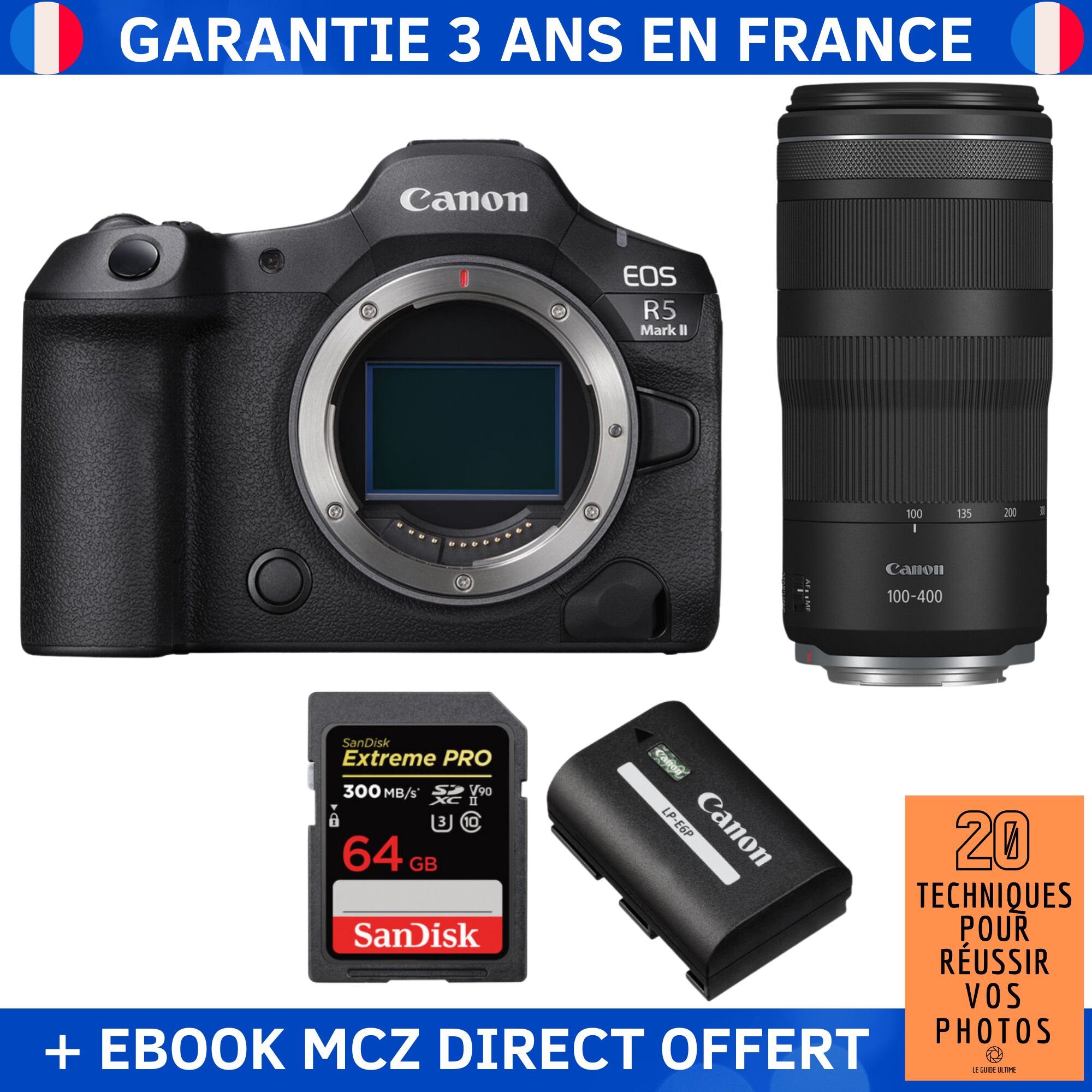 Canon EOS R5 Mark II + RF 100-400mm f/5.6-8 IS USM + 1 SanDisk 64GB Extreme PRO UHS-II SDXC 300MB/s + 1 Canon LP-E6P + Ebook '20 Techniques pour Réussir vos Photos' - Hybrid Camera