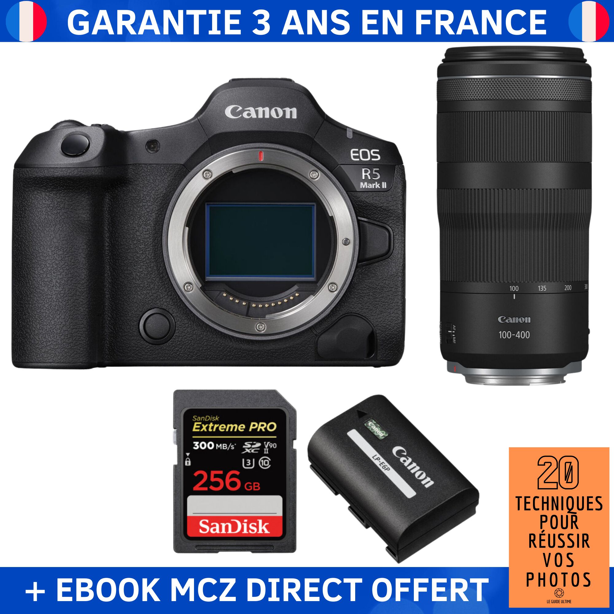 Canon EOS R5 Mark II + RF 100-400mm f/5.6-8 IS USM Lens + 256GB SanDisk Extreme PRO UHS-II SDXC Card + Canon LP-E6P Battery + '20 Techniques for Successful Photos' Ebook - Hybrid Camera