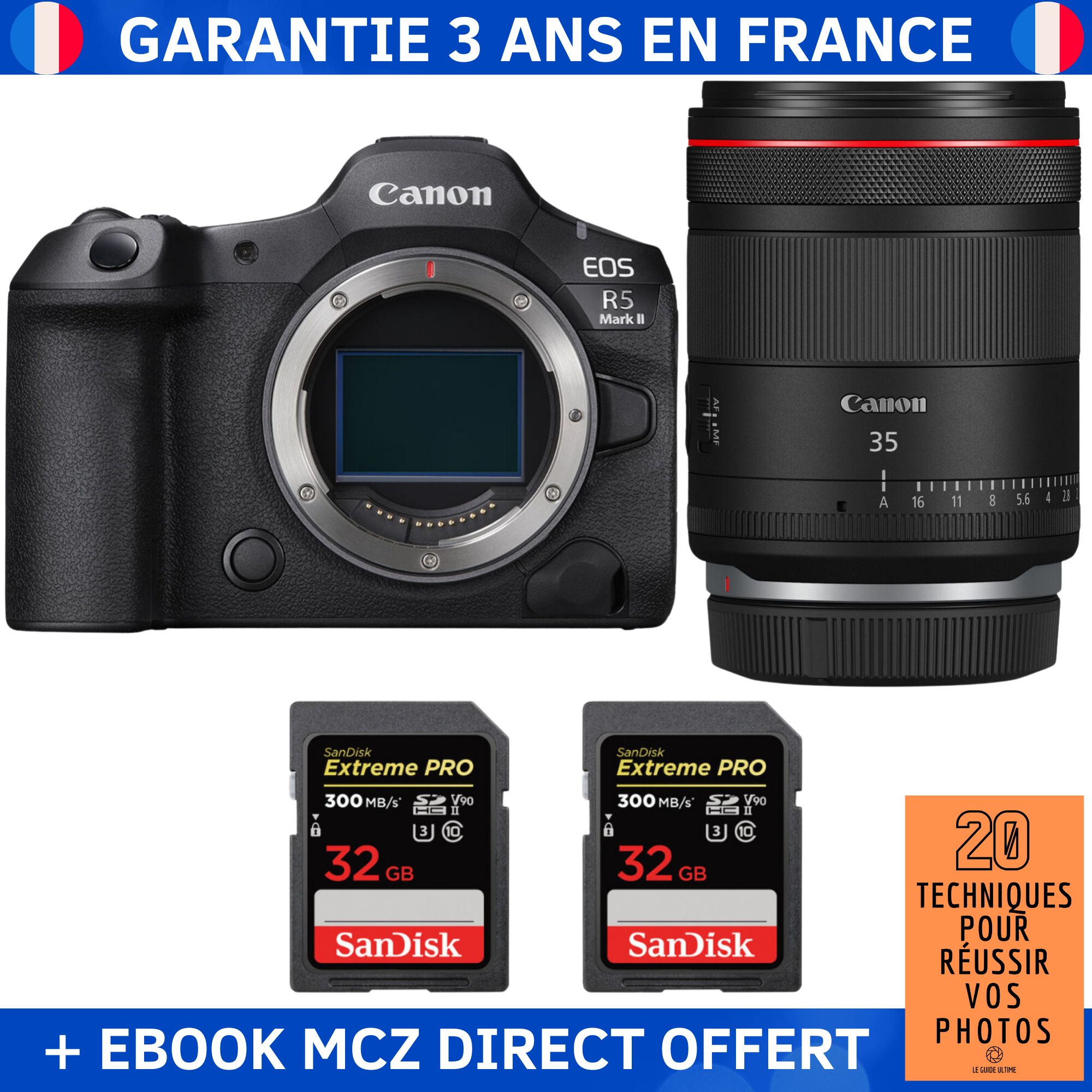 Canon EOS R5 Mark II + RF 35mm f/1.4 L VCM Lens + 2 SanDisk 32GB Extreme PRO UHS-II SDXC Cards + '20 Techniques for Successful Photos' Ebook - Hybrid Camera