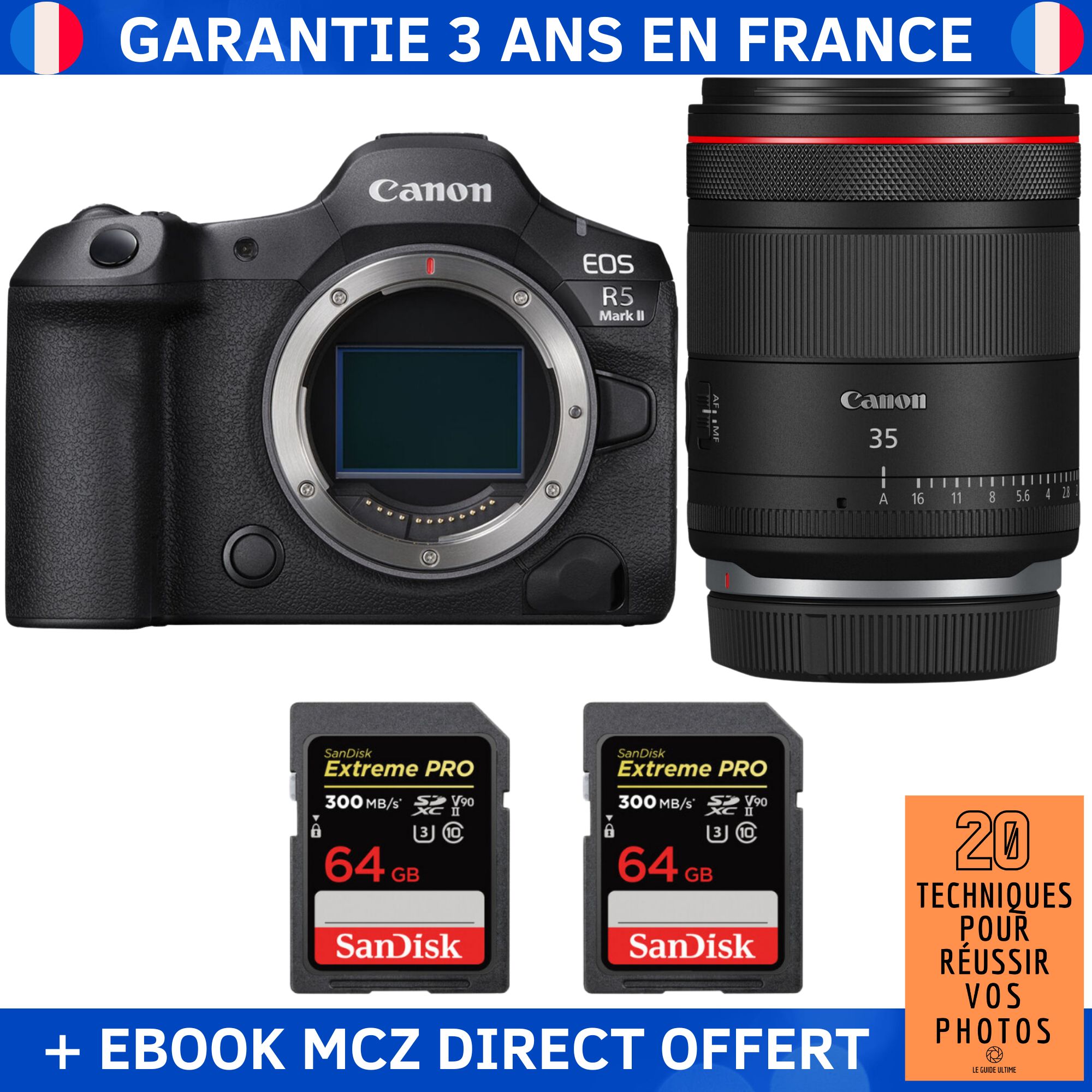Canon EOS R5 Mark II + RF 35mm f/1.4 L VCM Lens + 2 SanDisk 64GB Extreme PRO UHS-II SDXC Cards + '20 Techniques for Succeeding in Photography' Ebook - Hybrid Camera