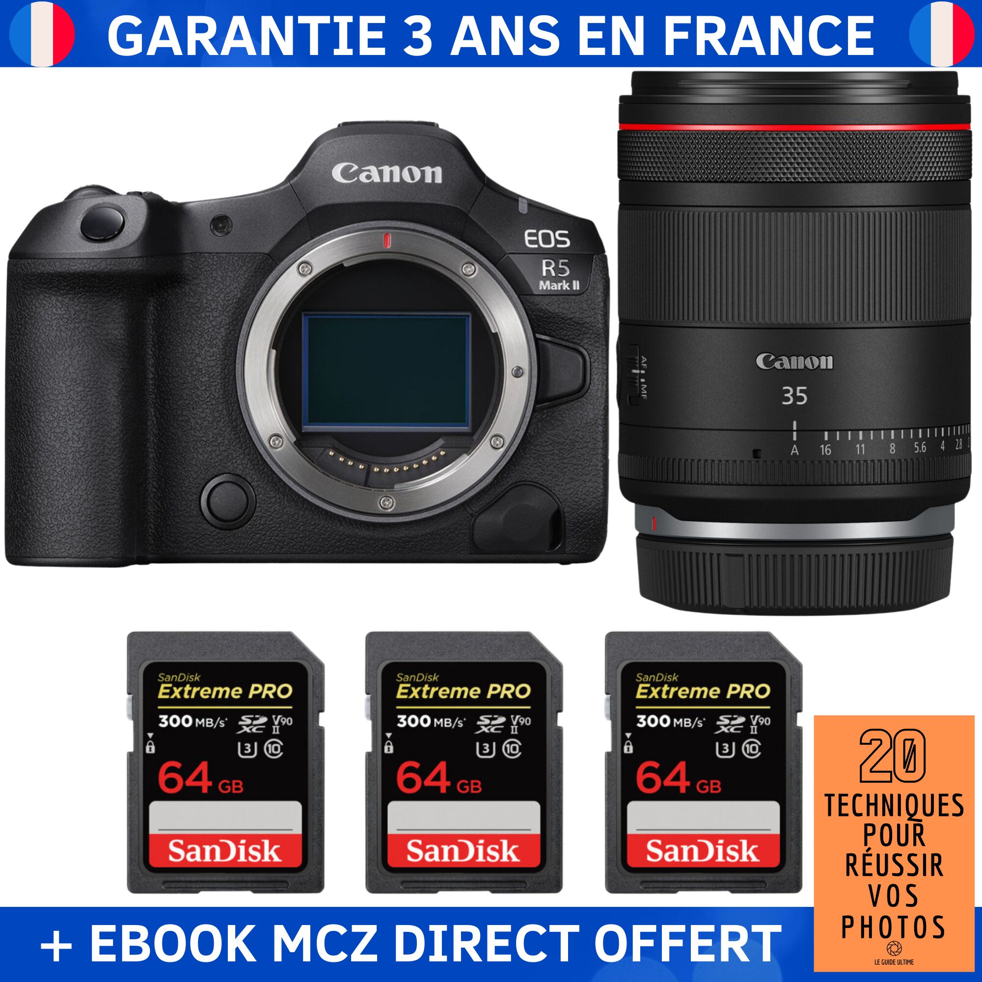 Canon EOS R5 Mark II + RF 35mm f/1.4 L VCM Lens + 3 SanDisk 64GB Extreme PRO UHS-II SDXC Cards + '20 Techniques for Successful Photos' Ebook - Hybrid Camera