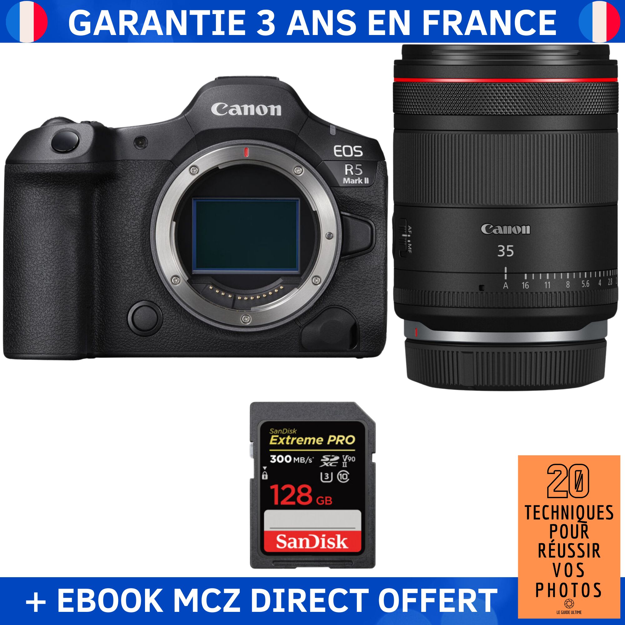 Canon EOS R5 Mark II + objetivo RF 35mm f/1.4 L VCM + 1 tarjeta de memoria SanDisk 128GB Extreme PRO UHS-II SDXC 300 MB/s + ebook '20 Técnicas para Lograr Éxito en la Fotografía' - Cámara híbrida