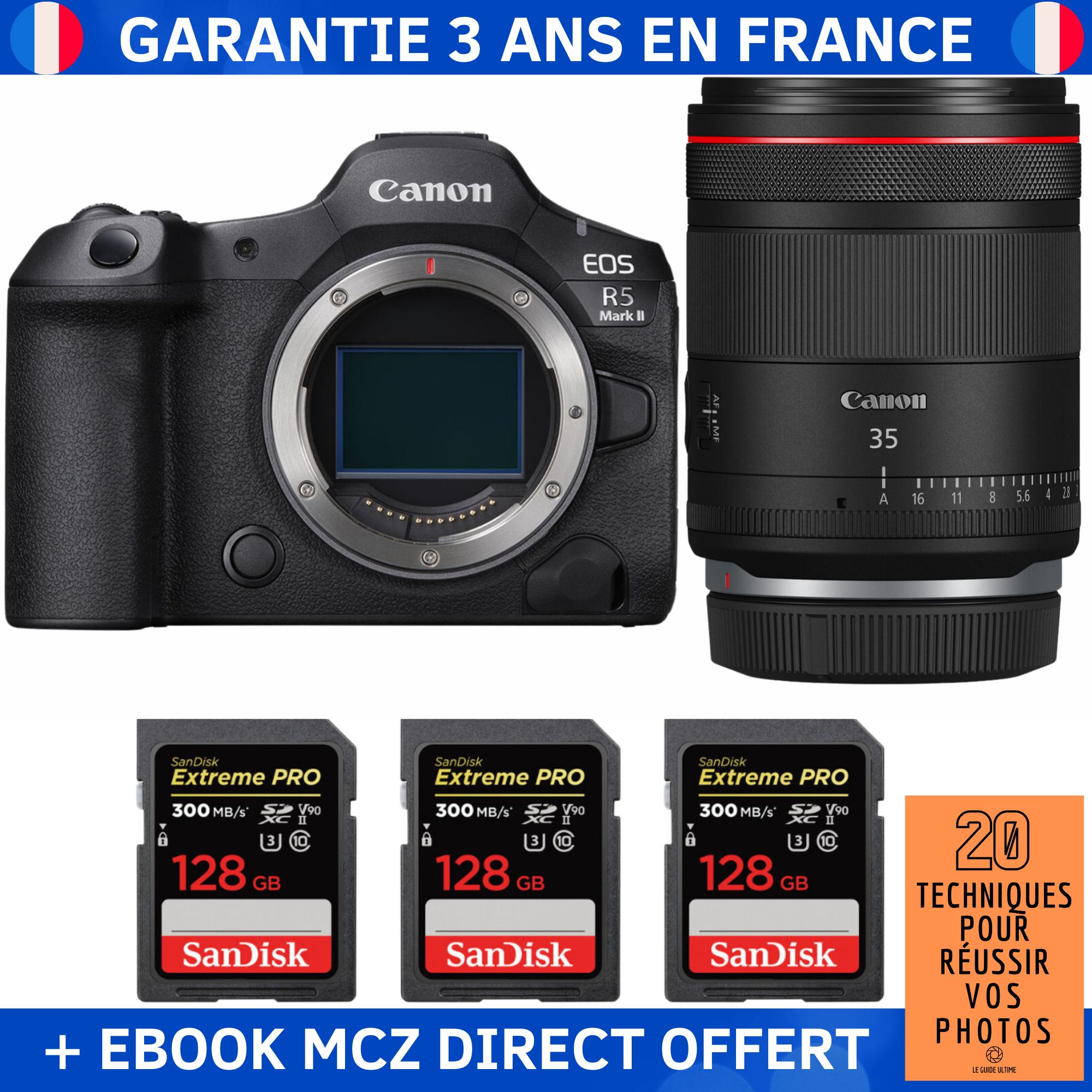 Canon EOS R5 Mark II + RF 35mm f/1.4 L VCM Lens + 3 SanDisk 128GB Extreme PRO UHS-II SDXC Cards + '20 Techniques pour Réussir vos Photos' Ebook - Hybrid Camera