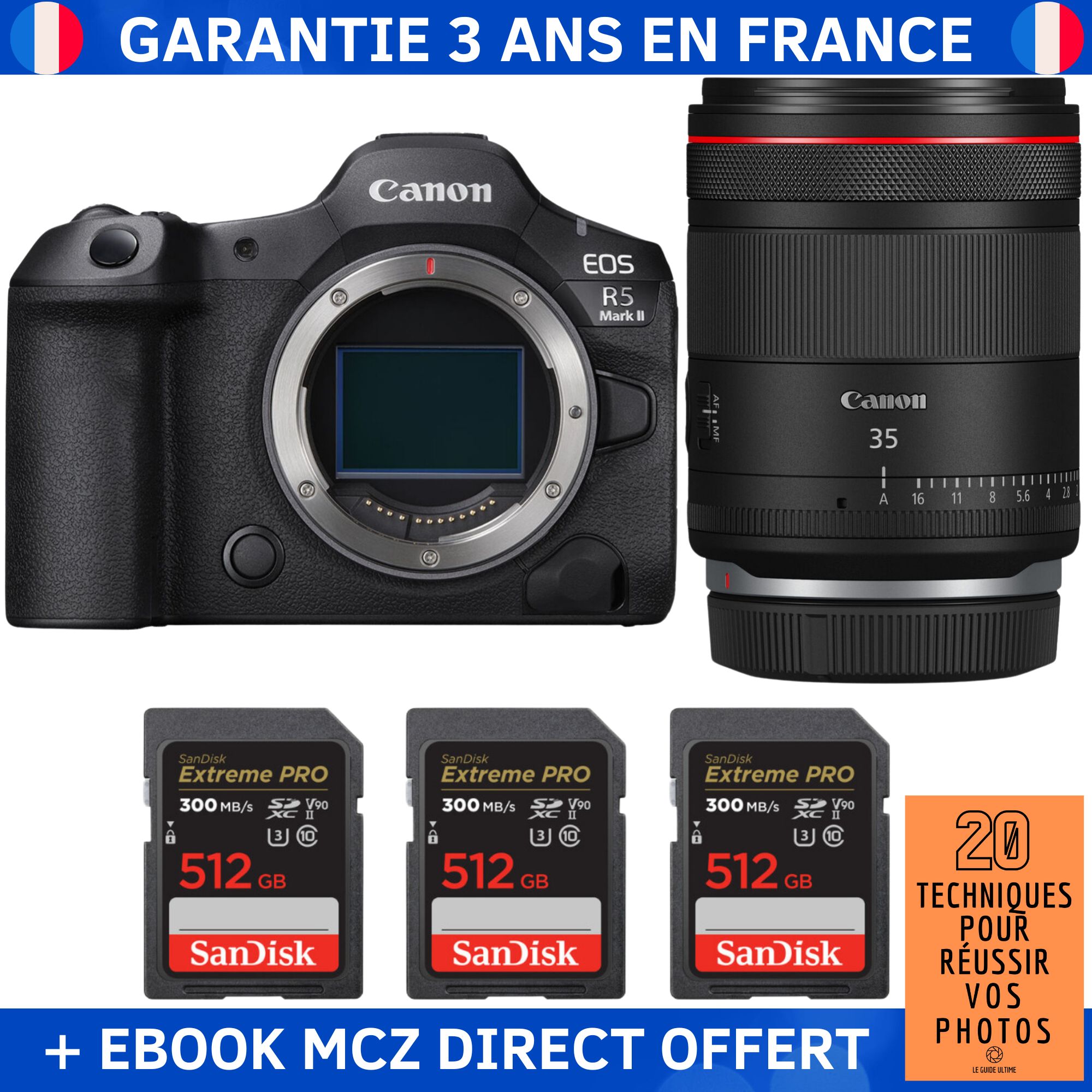 Canon EOS R5 Mark II + RF 35mm f/1.4 L VCM Lens + 3 SanDisk 512GB Extreme PRO UHS-II SDXC Cards + '20 Techniques pour Réussir vos Photos' Ebook - Hybrid Camera