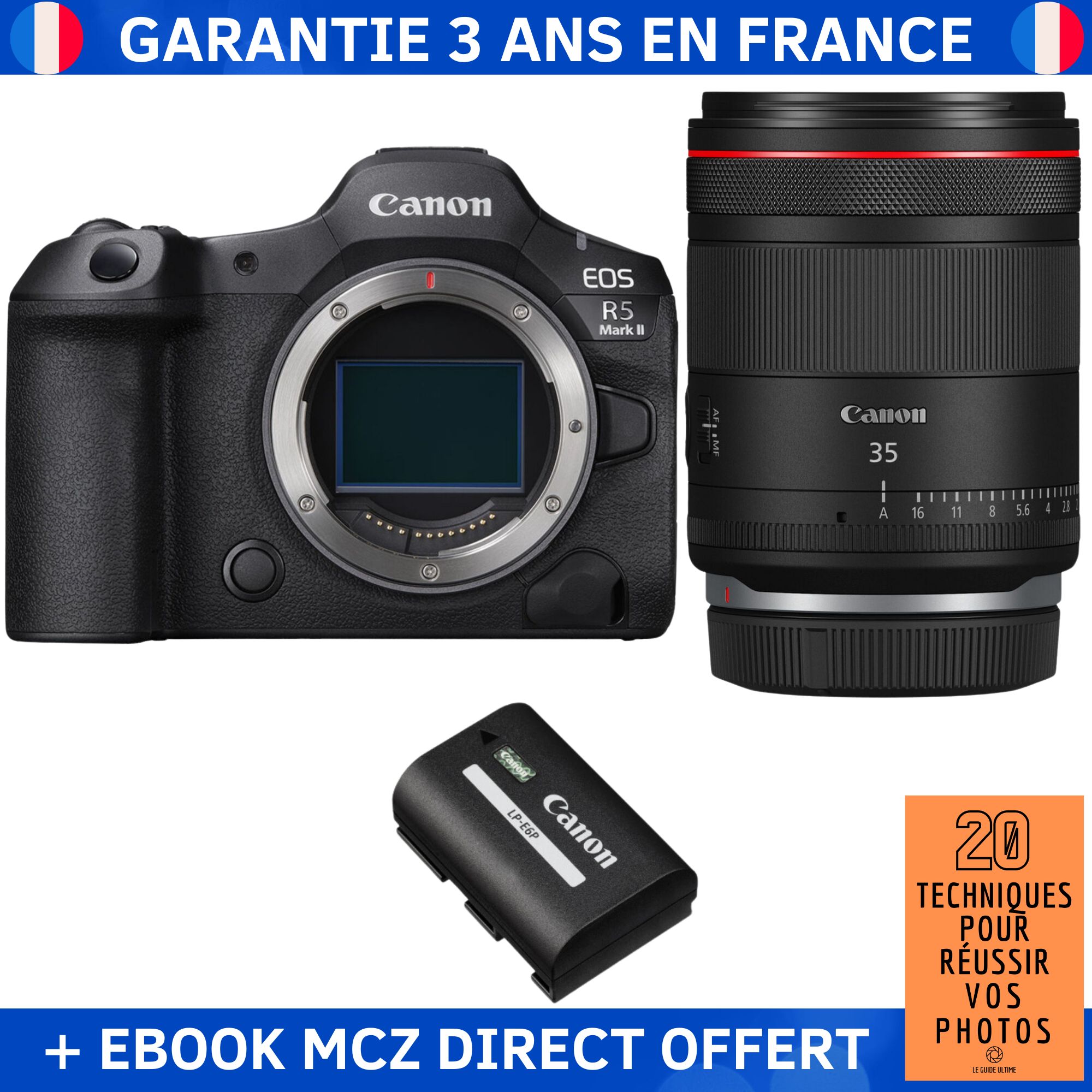 Canon EOS R5 Mark II + RF 35mm f/1.4 L VCM + 1 Canon LP-E6P + Ebook '20 Techniques pour Réussir vos Photos' - Hybrid Camera