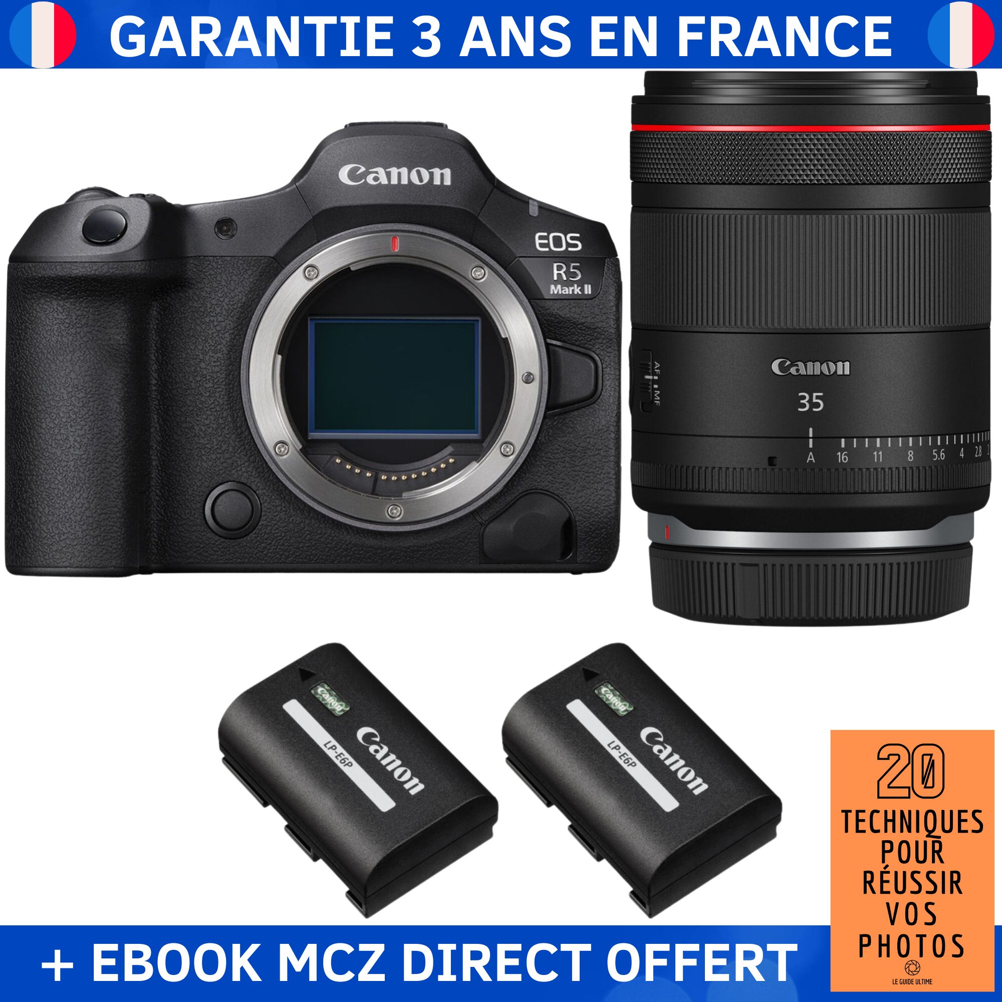 Canon EOS R5 Mark II + RF 35mm f/1.4 L VCM Lens + 2 Canon LP-E6P Batteries + '20 Techniques for Succeeding in Photography' Ebook - Hybrid Camera