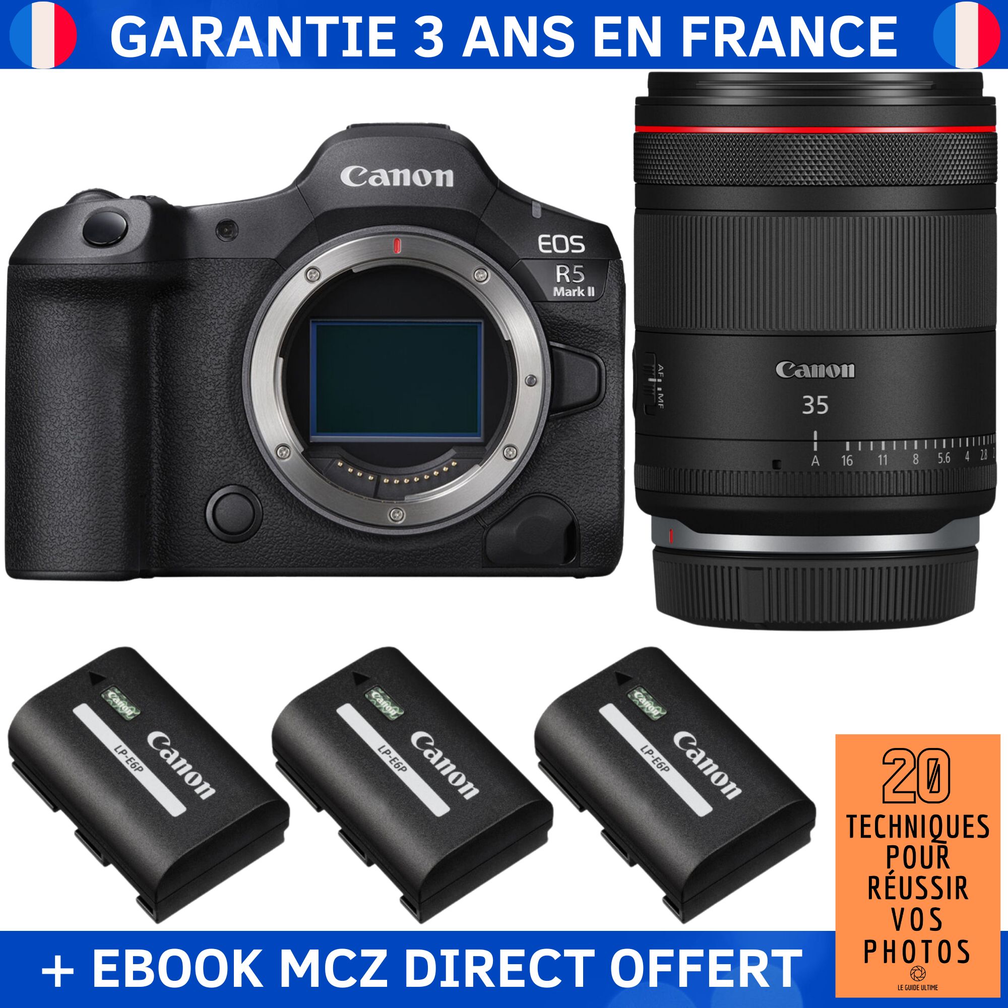 Canon EOS R5 Mark II + RF 35mm f/1.4 L VCM + 3 Canon LP-E6P + Ebook '20 Techniques pour Réussir vos Photos' - Hybrid Camera