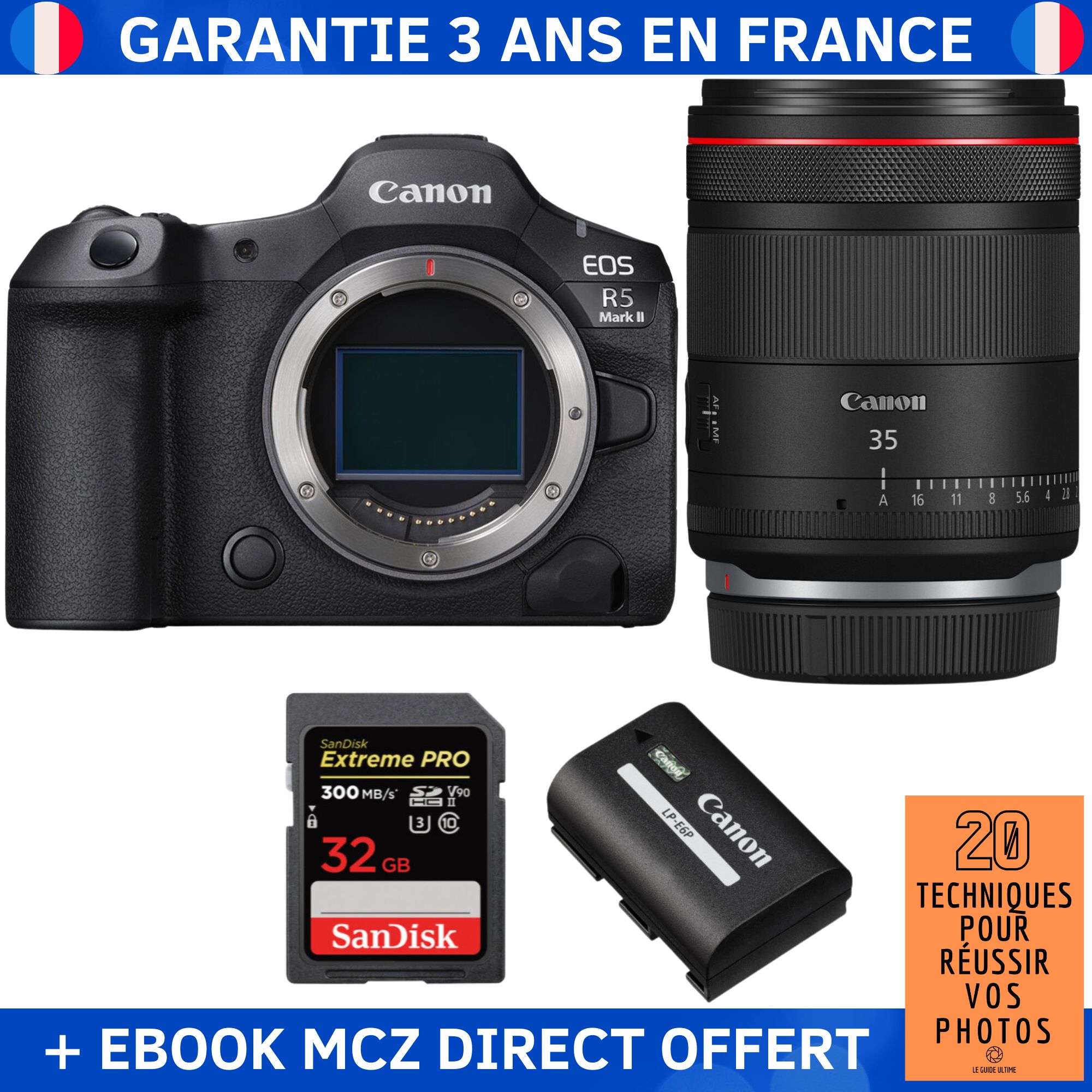 Canon EOS R5 Mark II + objetivo RF 35mm f/1.4 L VCM + 2 tarjetas de memoria SanDisk 32GB Extreme PRO UHS-II SDXC 300 MB/s + batería Canon LP-E6P + ebook '20 Técnicas para Lograr tus Fotos' - Cámara híbrida
