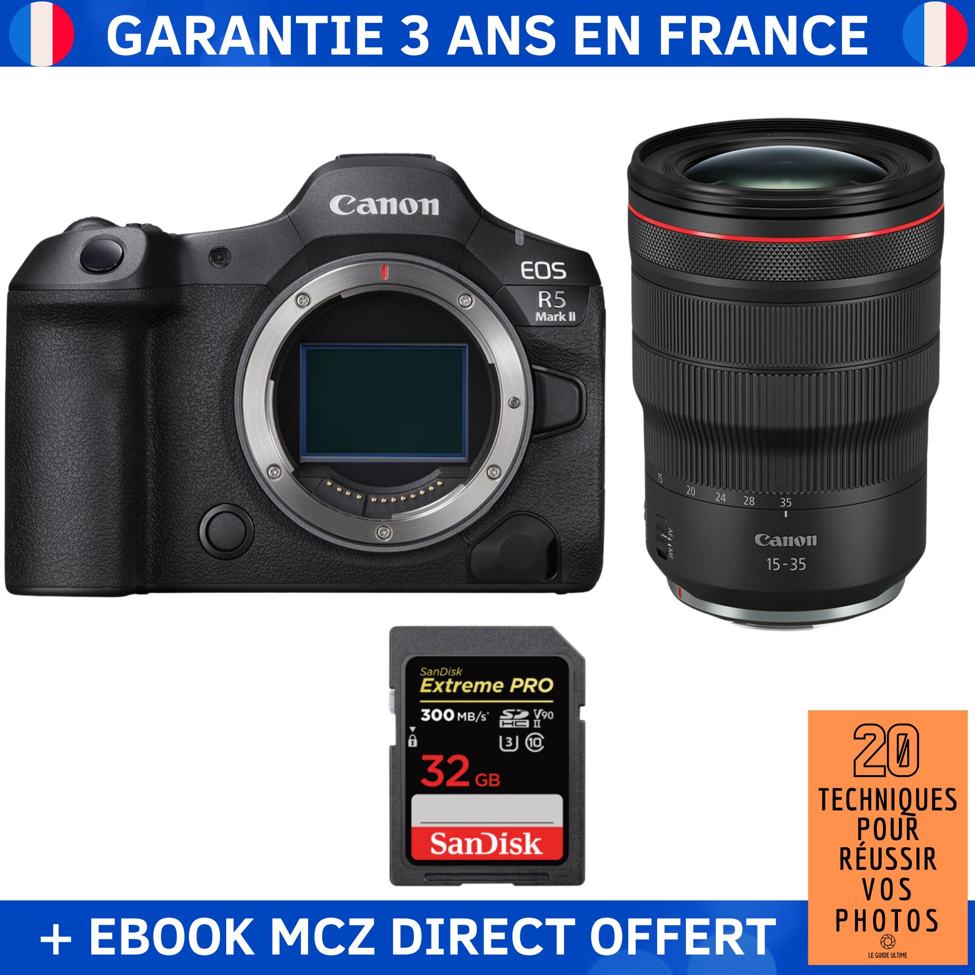 Canon EOS R5 Mark II + RF 15-35mm f/2.8 L IS USM + 1 SanDisk 32GB Extreme PRO UHS-II SDXC 300 MB/s + Ebook '20 Techniques pour Réussir vos Photos' - Hybrid Camera