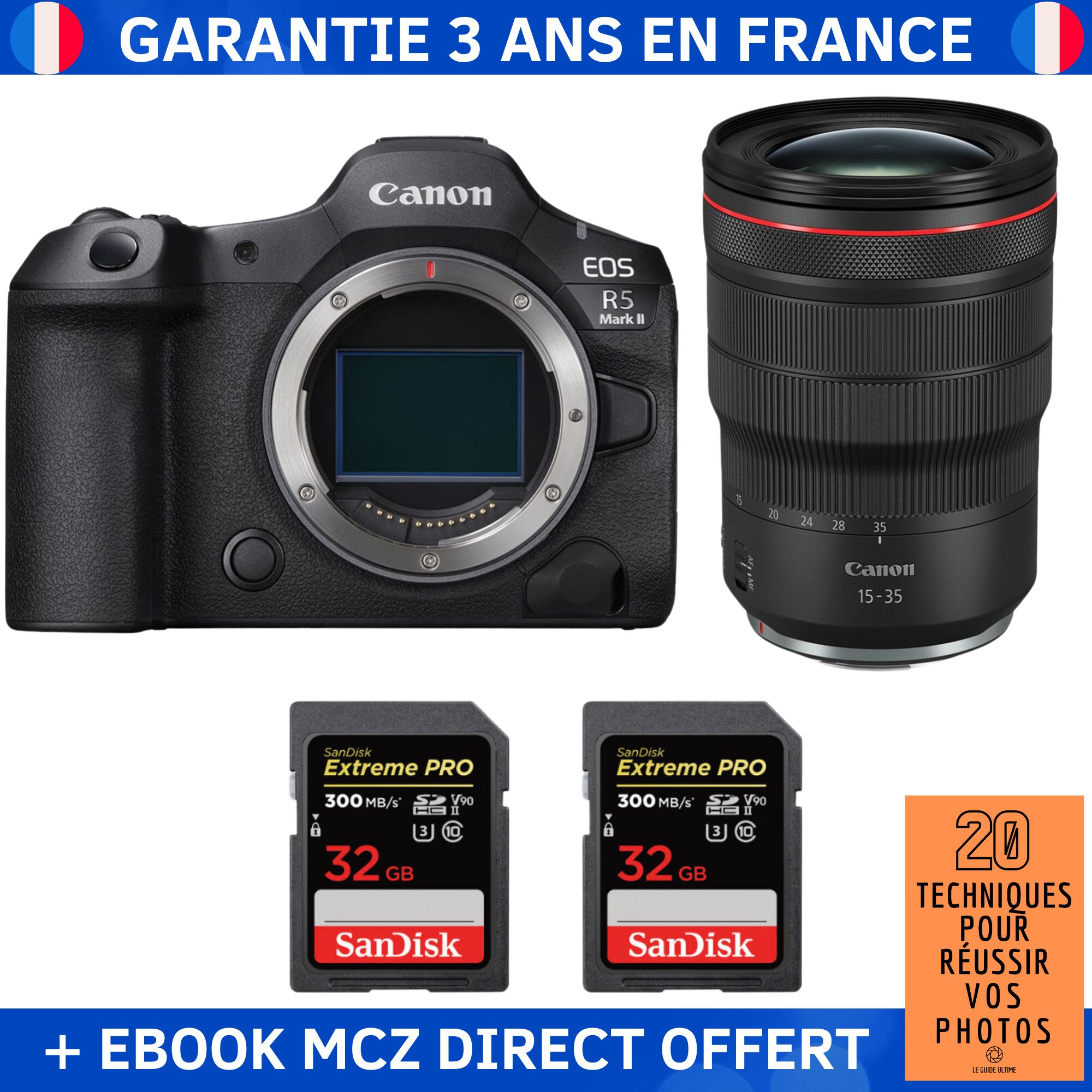 Canon EOS R5 Mark II + RF 15-35mm f/2.8 L IS USM + 2 SanDisk 32GB Extreme PRO UHS-II SDXC 300 MB/s + Ebook '20 Techniques pour Réussir vos Photos' - Hybrid Camera