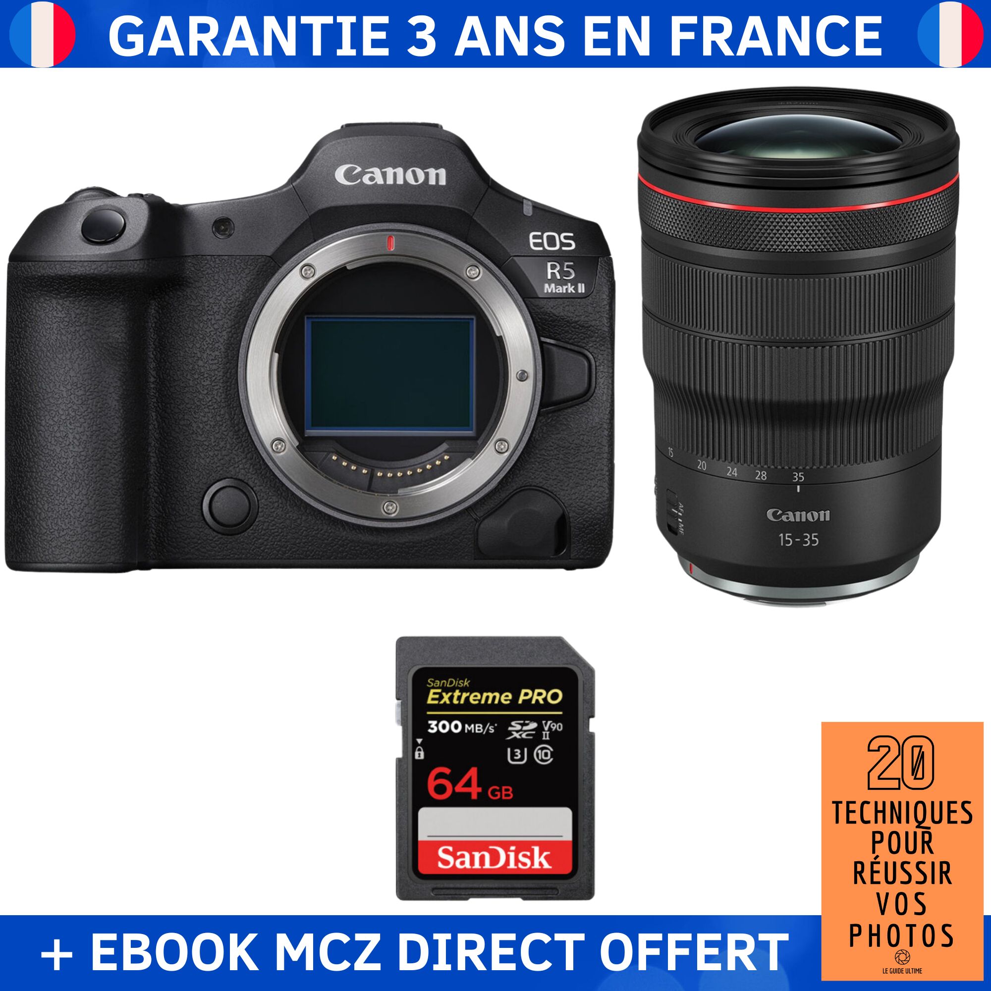 Canon EOS R5 Mark II + RF 15-35mm f/2.8 L IS USM + 1 SanDisk 64GB Extreme PRO UHS-II SDXC 300MB/s + Ebook '20 Techniques pour Réussir vos Photos' - Hybrid Camera