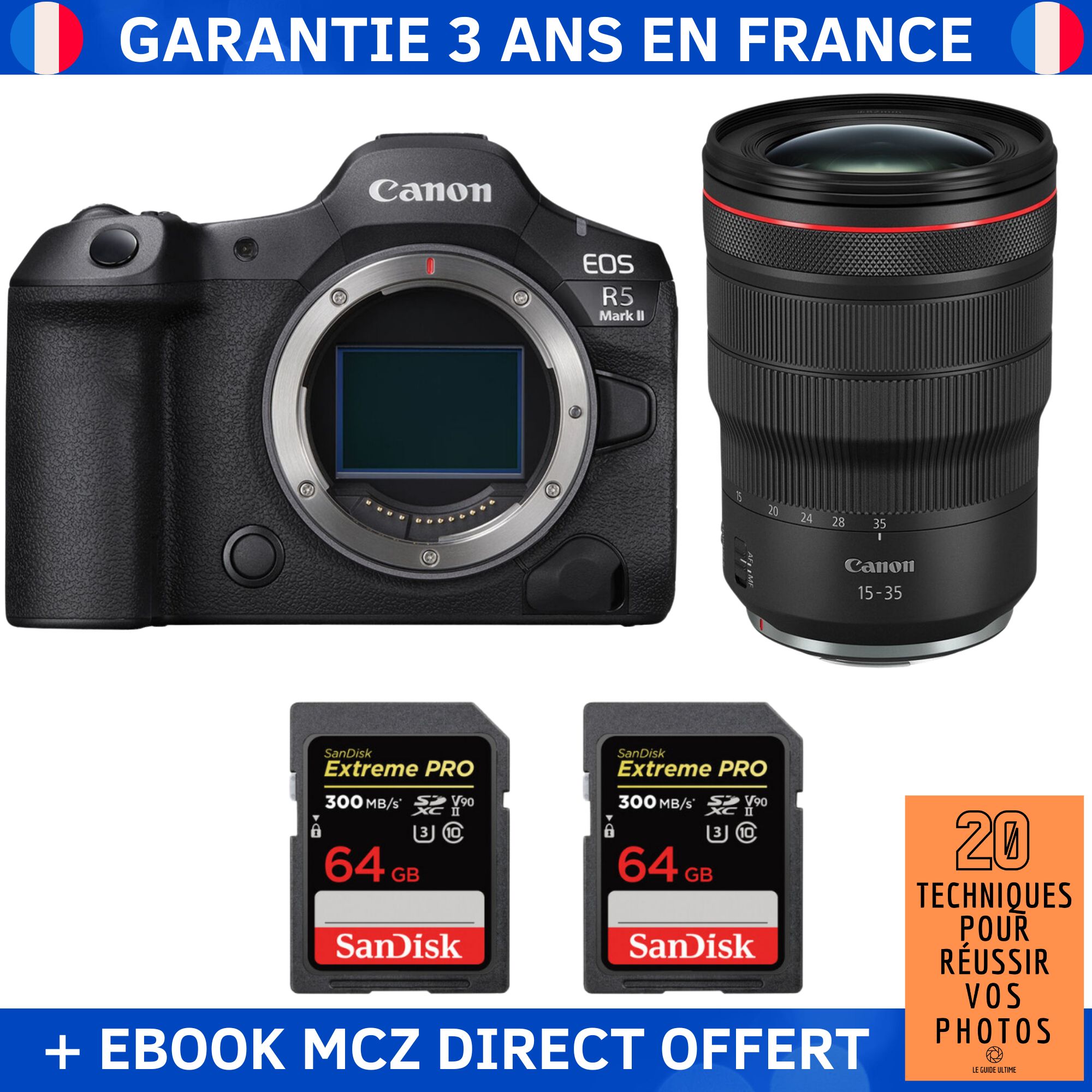 Canon EOS R5 Mark II + RF 15-35mm f/2.8 L IS USM + 2 SanDisk 64GB Extreme PRO UHS-II SDXC 300 MB/s + Ebook '20 Techniques pour Réussir vos Photos' - Hybrid Camera