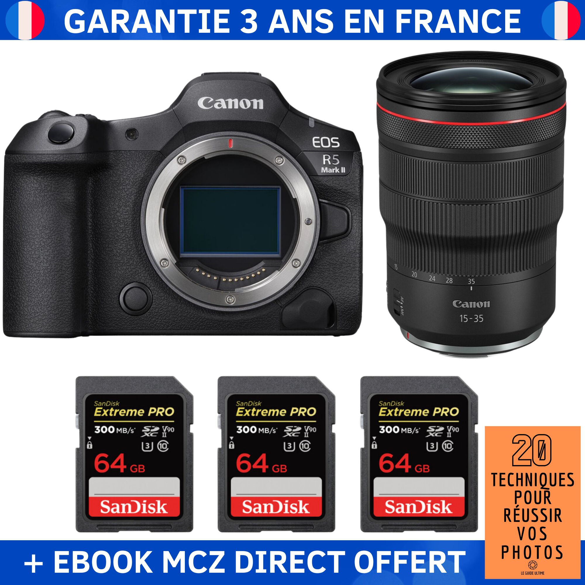 Canon EOS R5 Mark II + RF 15-35mm f/2.8 L IS USM + 3 SanDisk 64GB Extreme PRO UHS-II SDXC 300 MB/s + Ebook '20 Techniques pour Réussir vos Photos' - Hybrid Camera