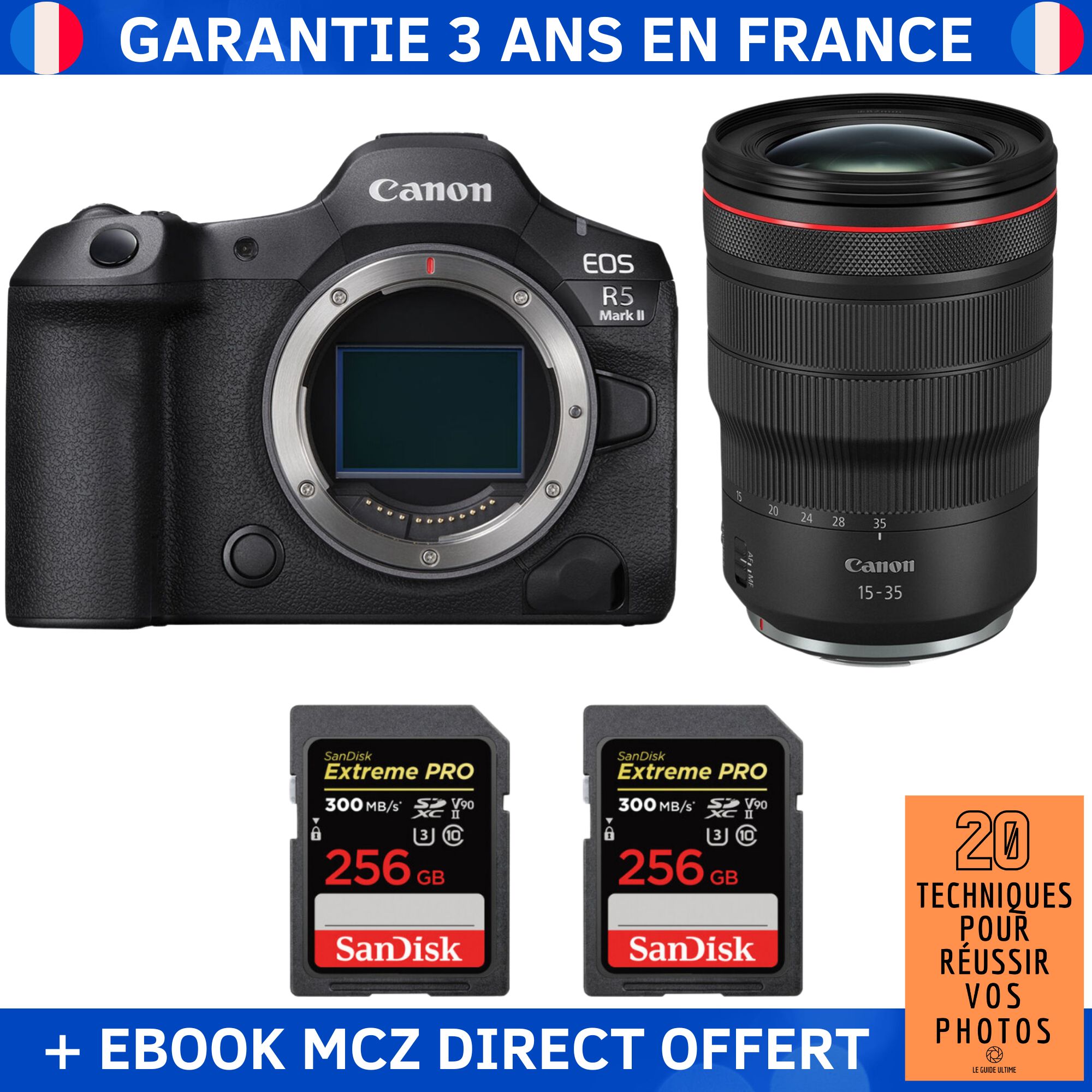 Canon EOS R5 Mark II + RF 15-35mm f/2.8 L IS USM + 2 SanDisk 256GB Extreme PRO UHS-II SDXC 300 MB/s + Ebook '20 Techniques pour Réussir vos Photos' - Hybrid Camera