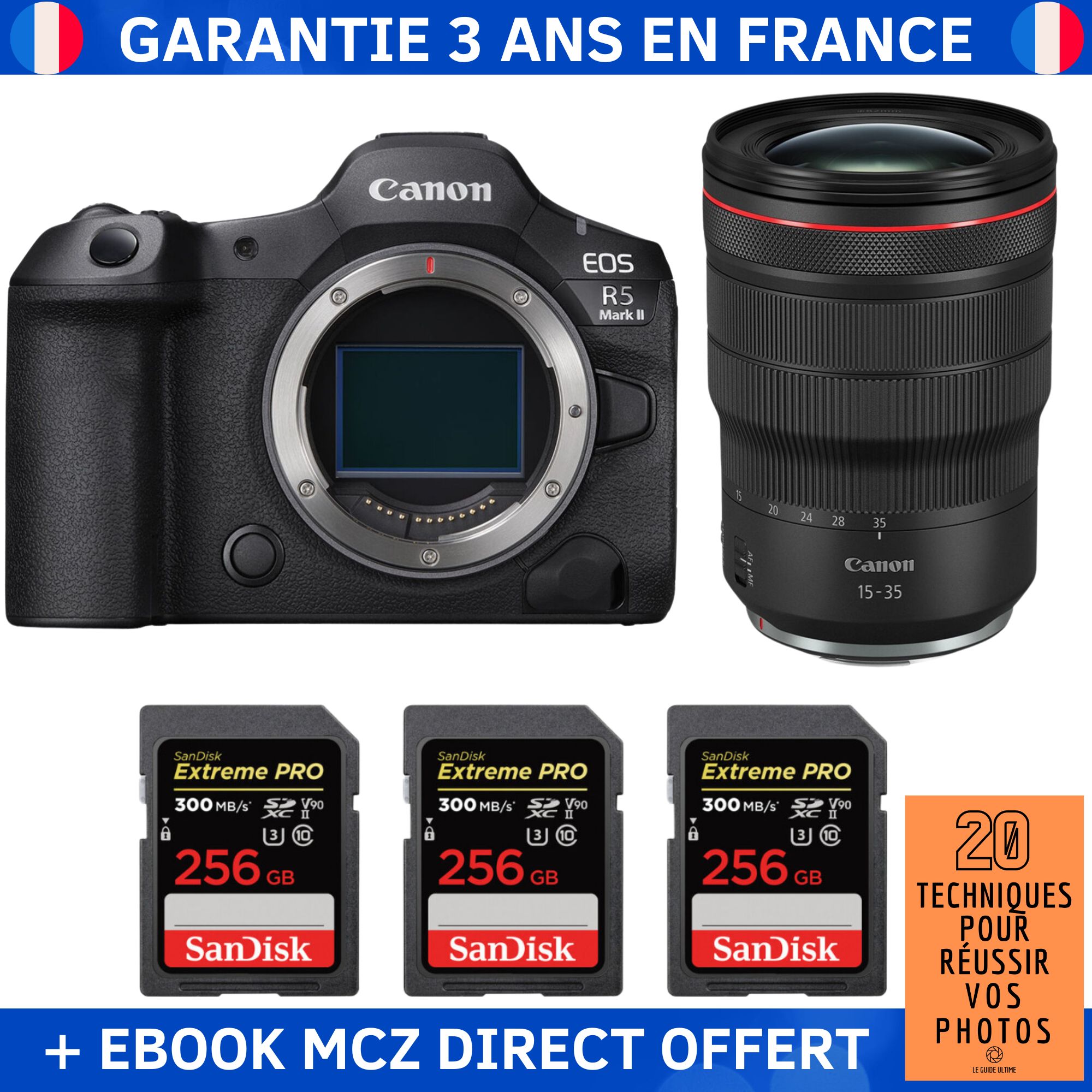 Canon EOS R5 Mark II + RF 15-35mm f/2.8 L IS USM + 3 SanDisk 256GB Extreme PRO UHS-II SDXC 300MB/s + Ebook '20 Techniques pour Réussir vos Photos' - Hybrid Camera
