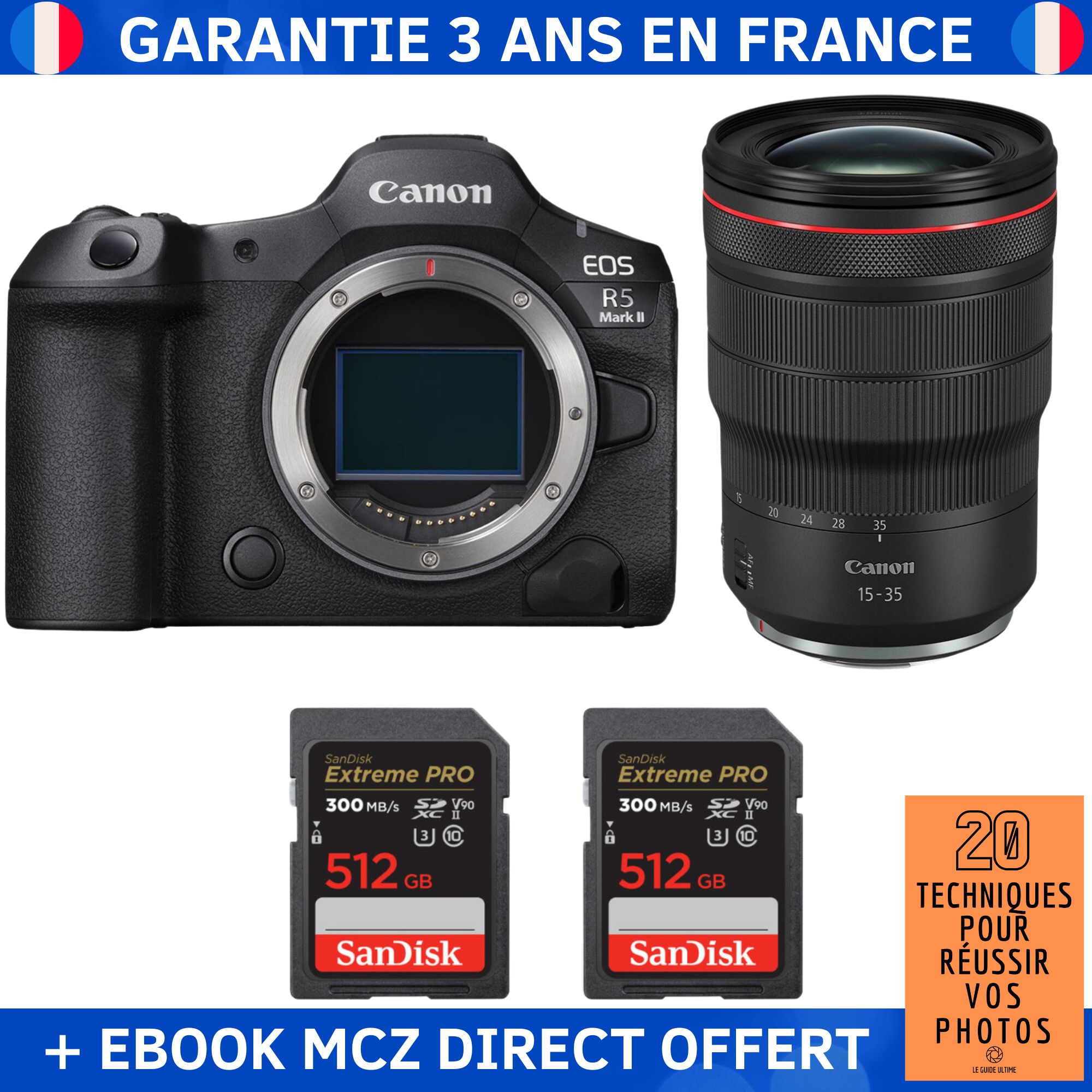 Canon EOS R5 Mark II + RF 15-35mm f/2.8 L IS USM + 2 SanDisk 512GB Extreme PRO UHS-II SDXC 300MB/s + Ebook '20 Techniques pour Réussir vos Photos' - Hybrid Camera
